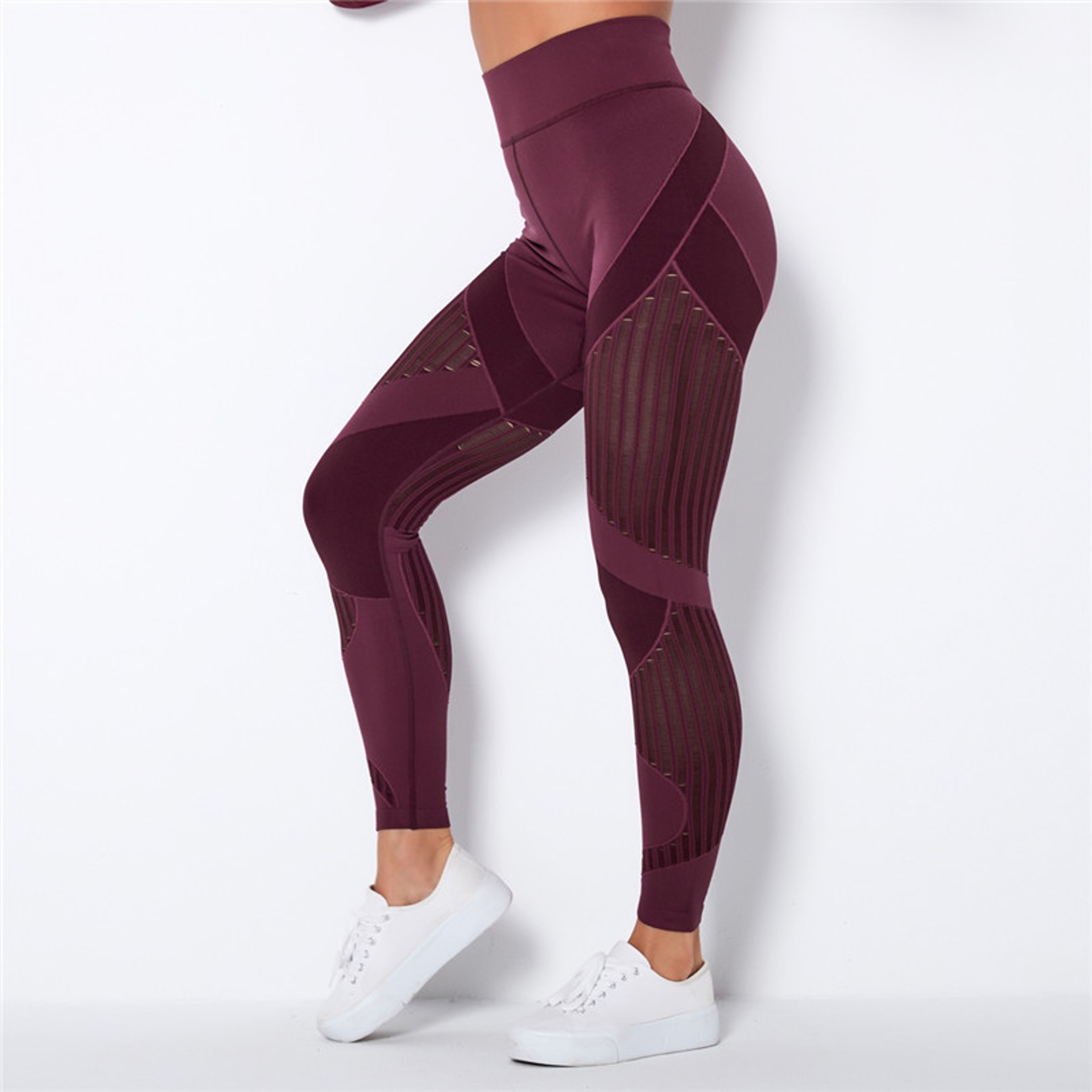 Women's High Waisted Seamless Mesh Leggings with Striped Design – view 3