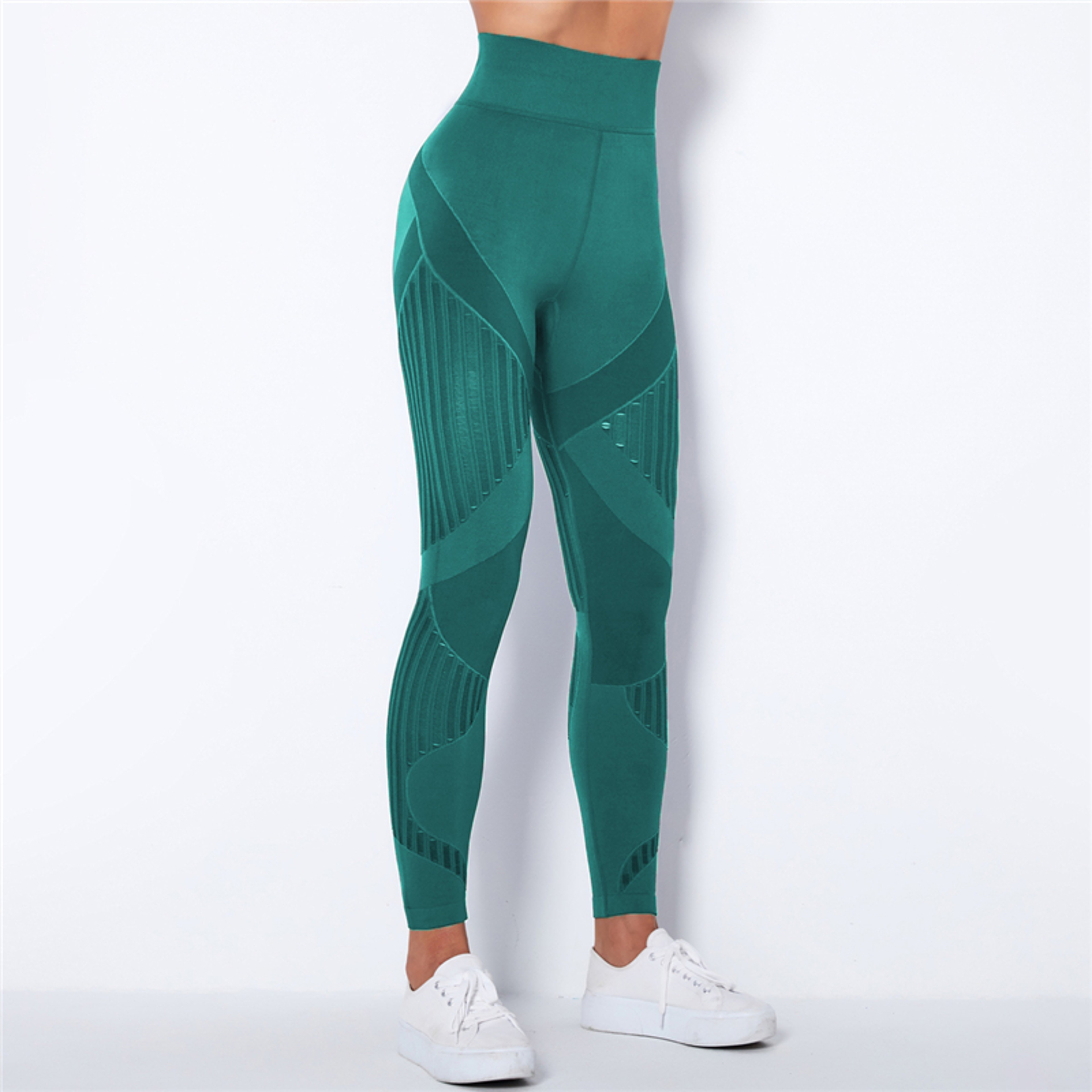 Women's High Waisted Seamless Mesh Leggings with Striped Design – view 11