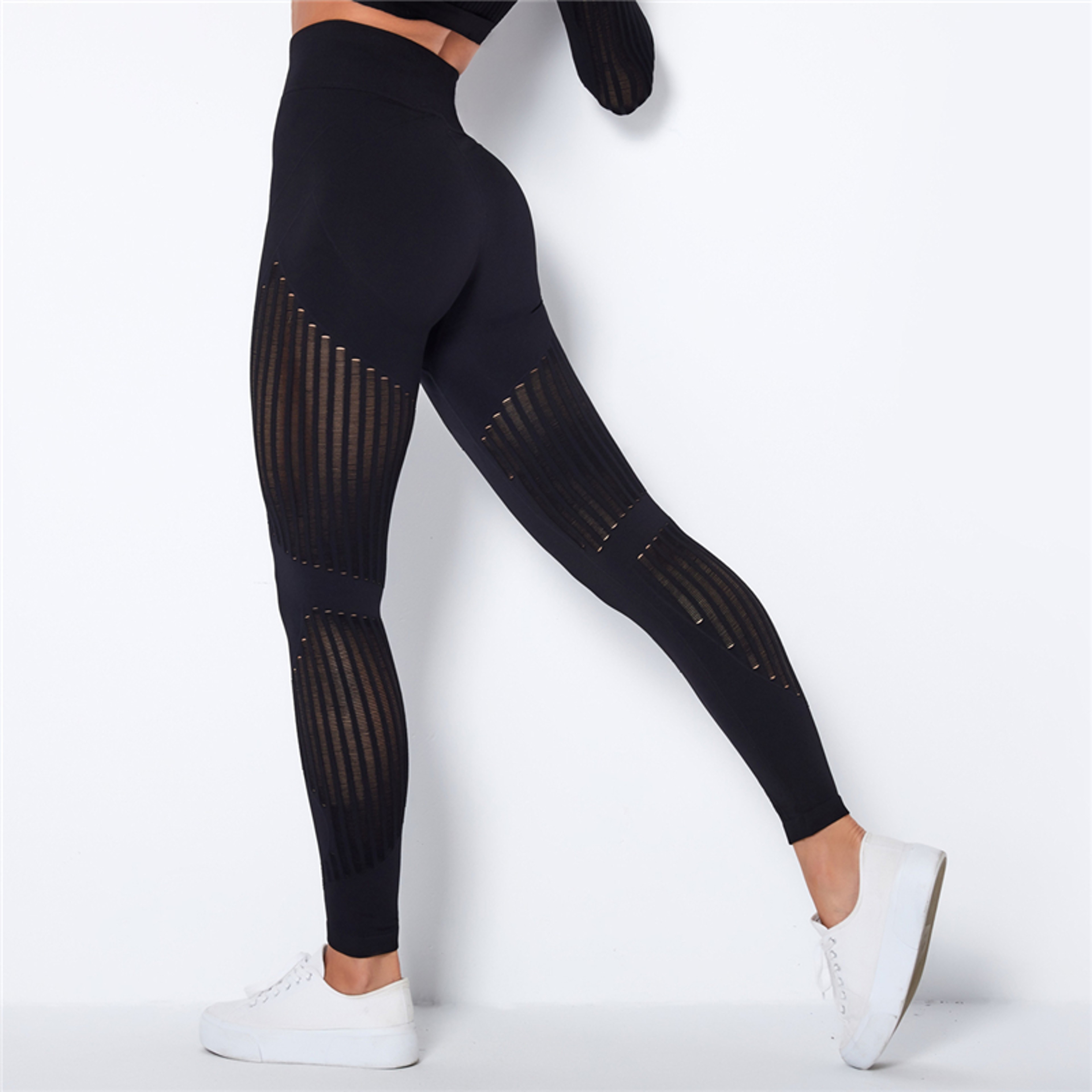 Women's High Waisted Seamless Mesh Leggings with Striped Design – view 13