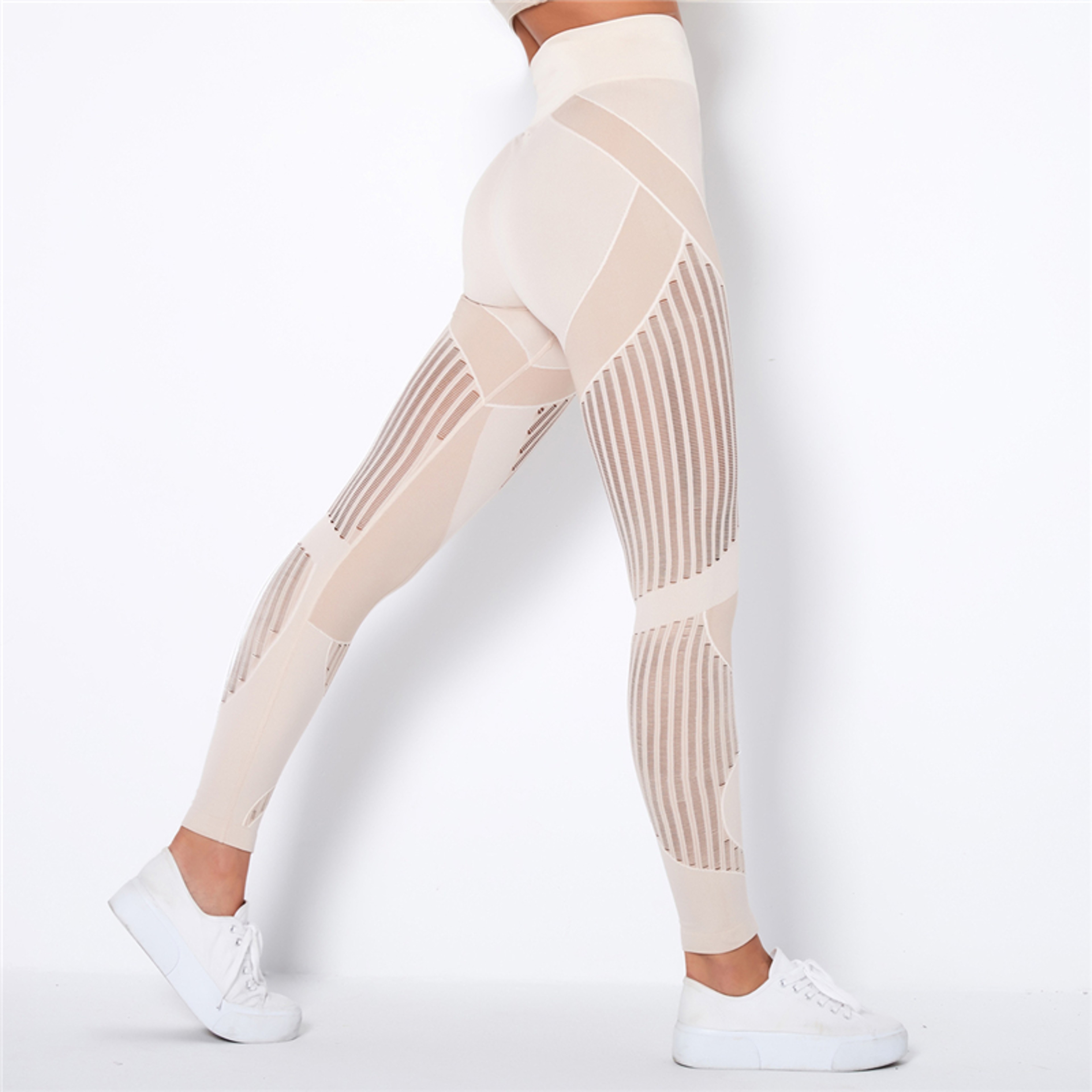 Women's High Waisted Seamless Mesh Leggings with Striped Design – view 16