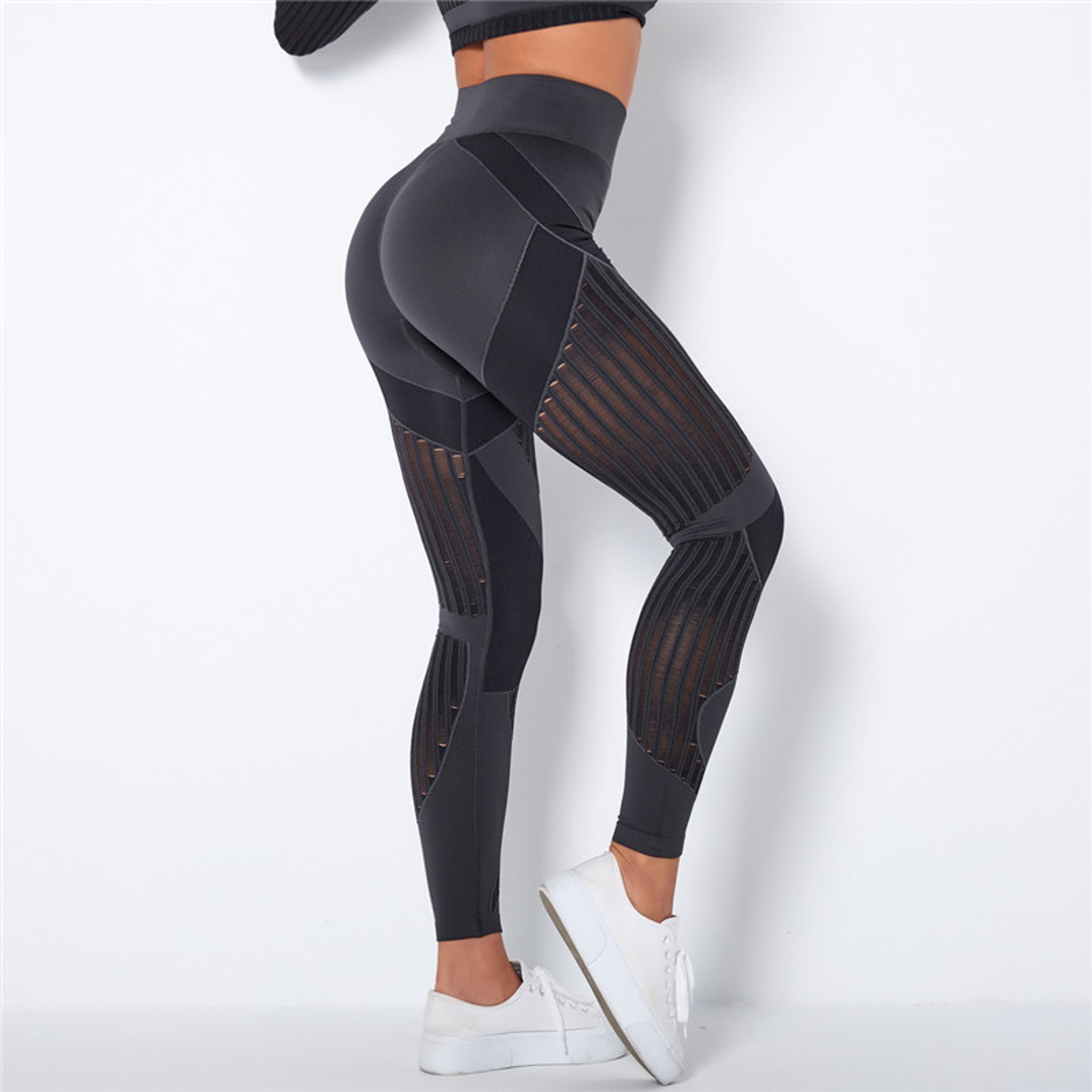 Women's High Waisted Seamless Mesh Leggings with Striped Design – view 14
