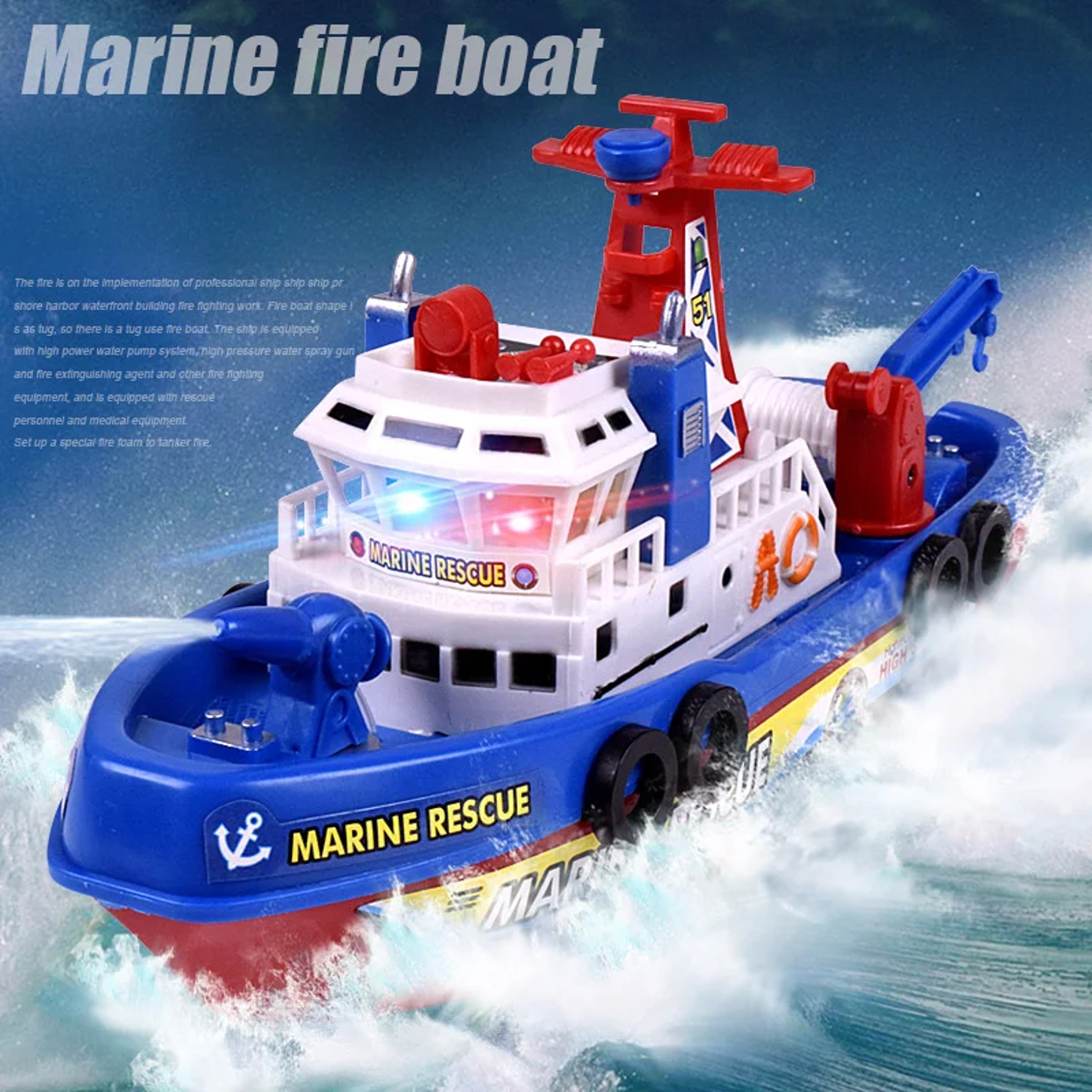 Electric Fire Fighting Rescue Boat Toy with Lights Music and Water Spraying – view 1