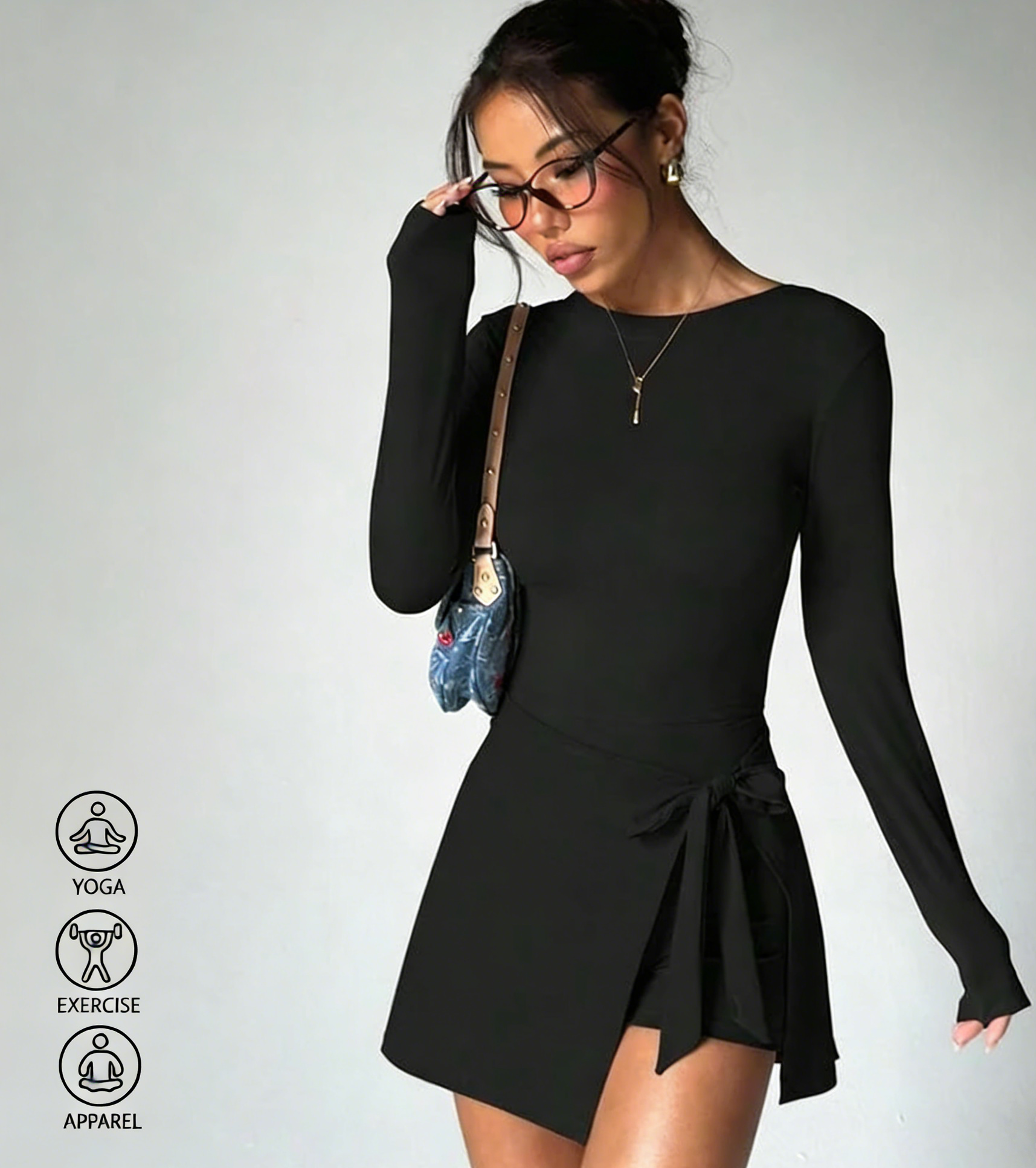 Women's Long Sleeve Yoga Jumpsuit with Wrap Skirt and Lace-Up Detail – view 1