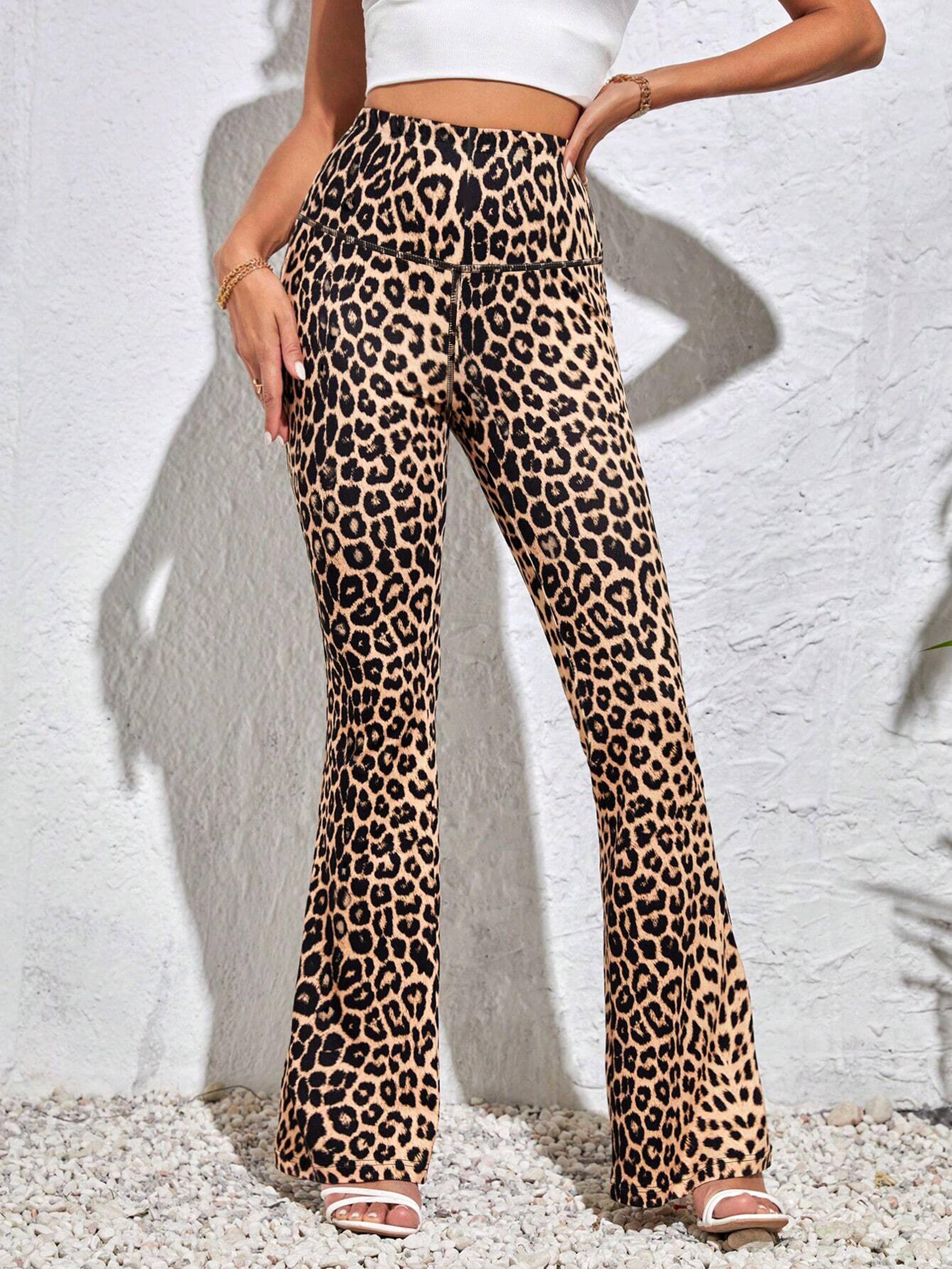 Womens Leopard Print High Waist Flared Yoga Leggings For Fitness 5