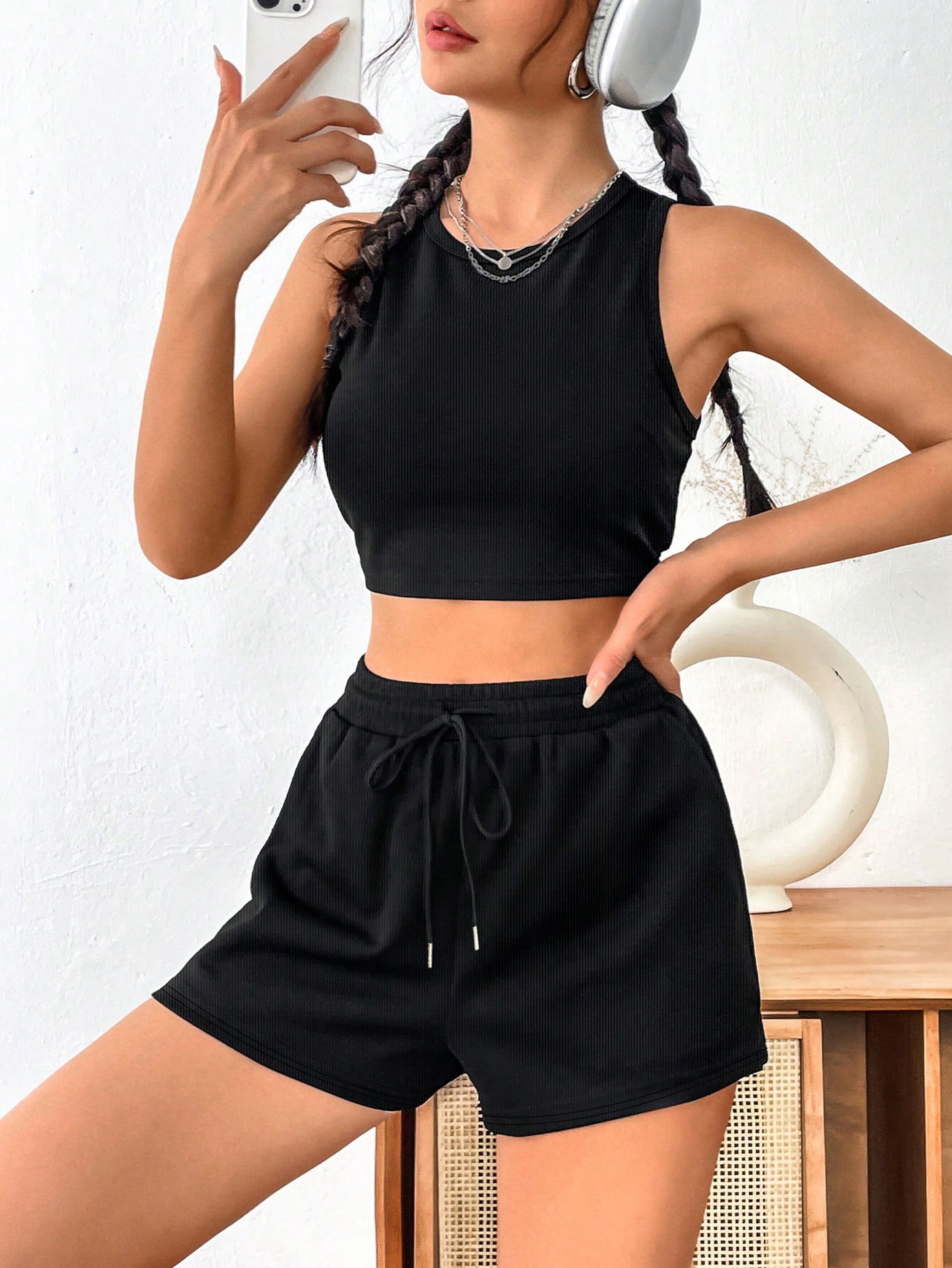Womens Ribbed Casual Shorts With Adjustable Drawstring Waist And Pockets 2
