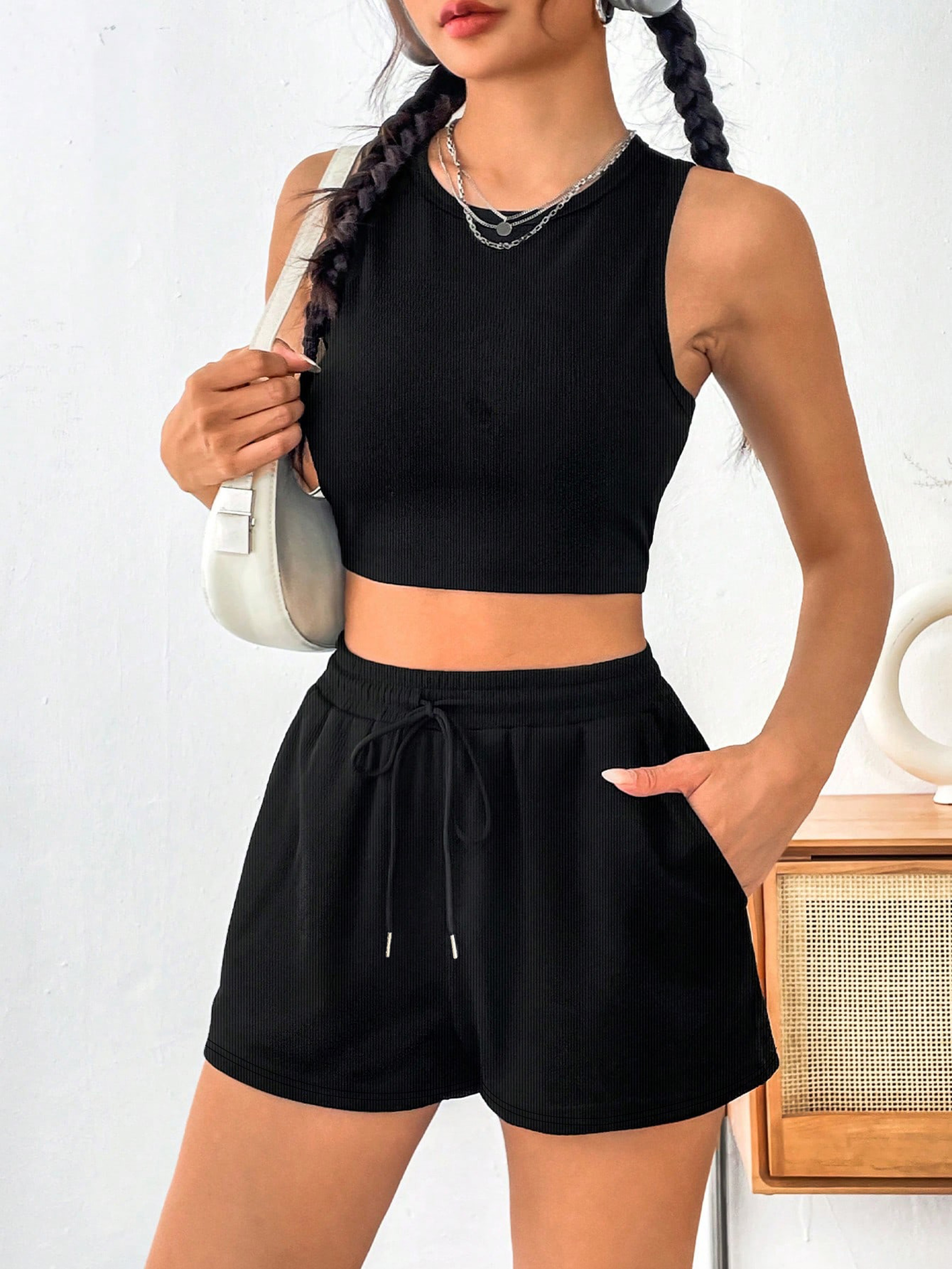 Womens Ribbed Casual Shorts With Adjustable Drawstring Waist And Pockets 4