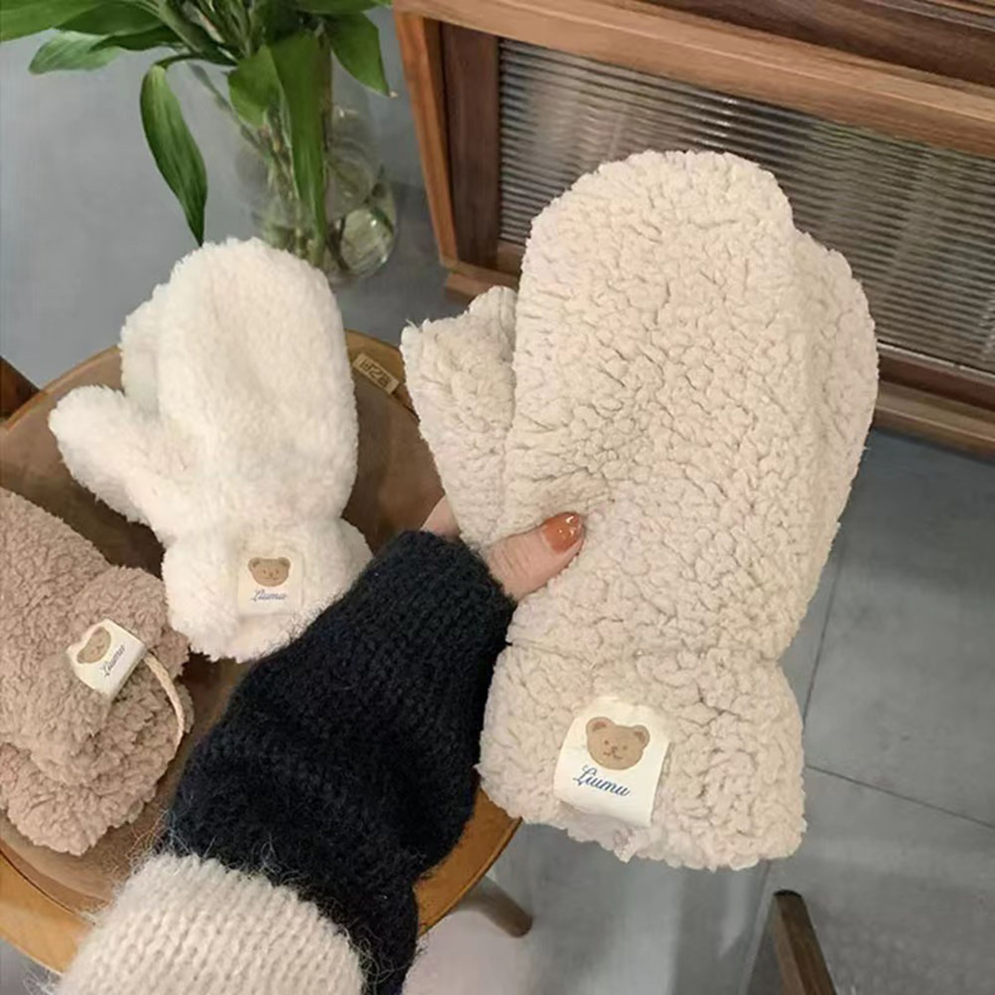 Women's Cute Bear Plush Winter Gloves with Soft Thickened Knit Design – view 3