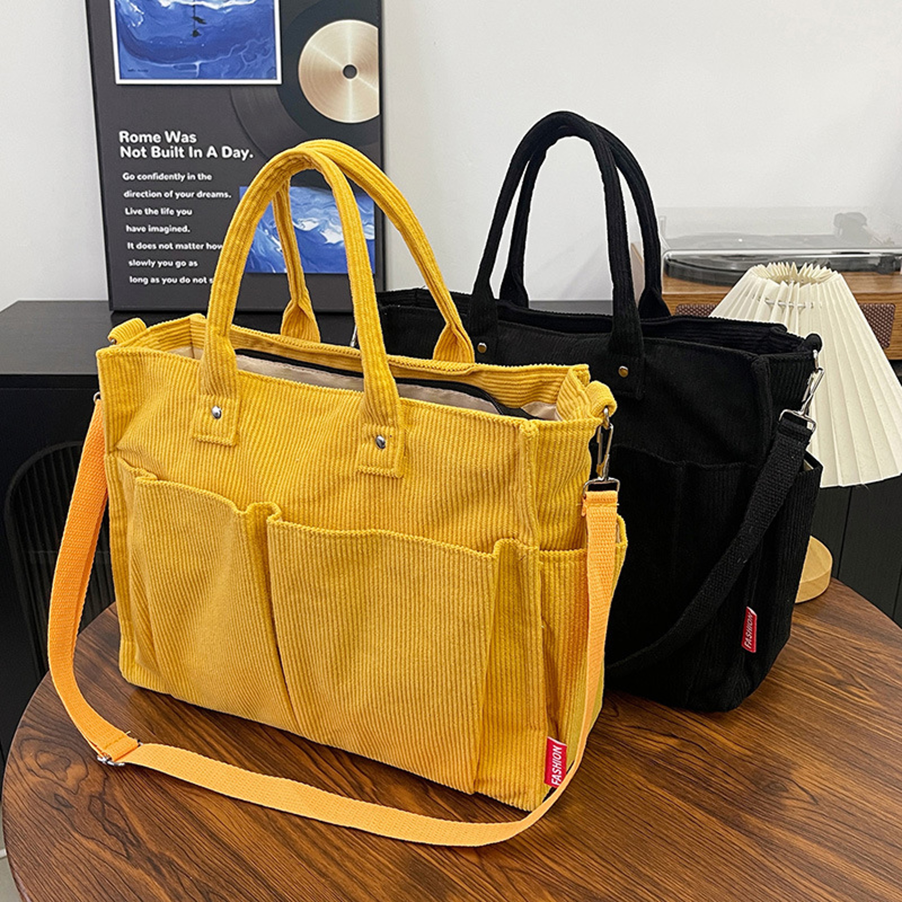 Womens Corduroy Tote Bag With Zipper Closure And Interior Pockets 0