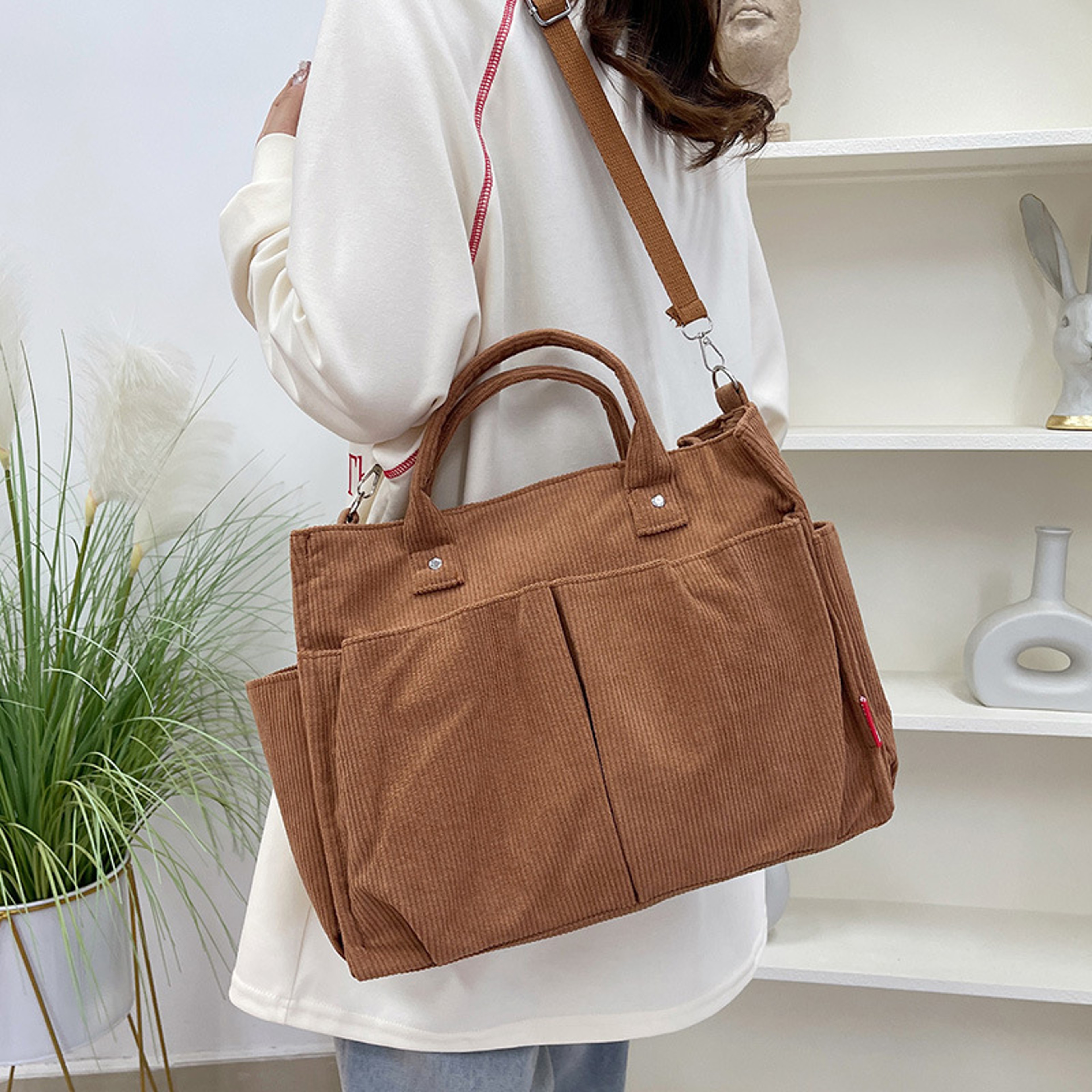 Womens Corduroy Tote Bag With Zipper Closure And Interior Pockets 5