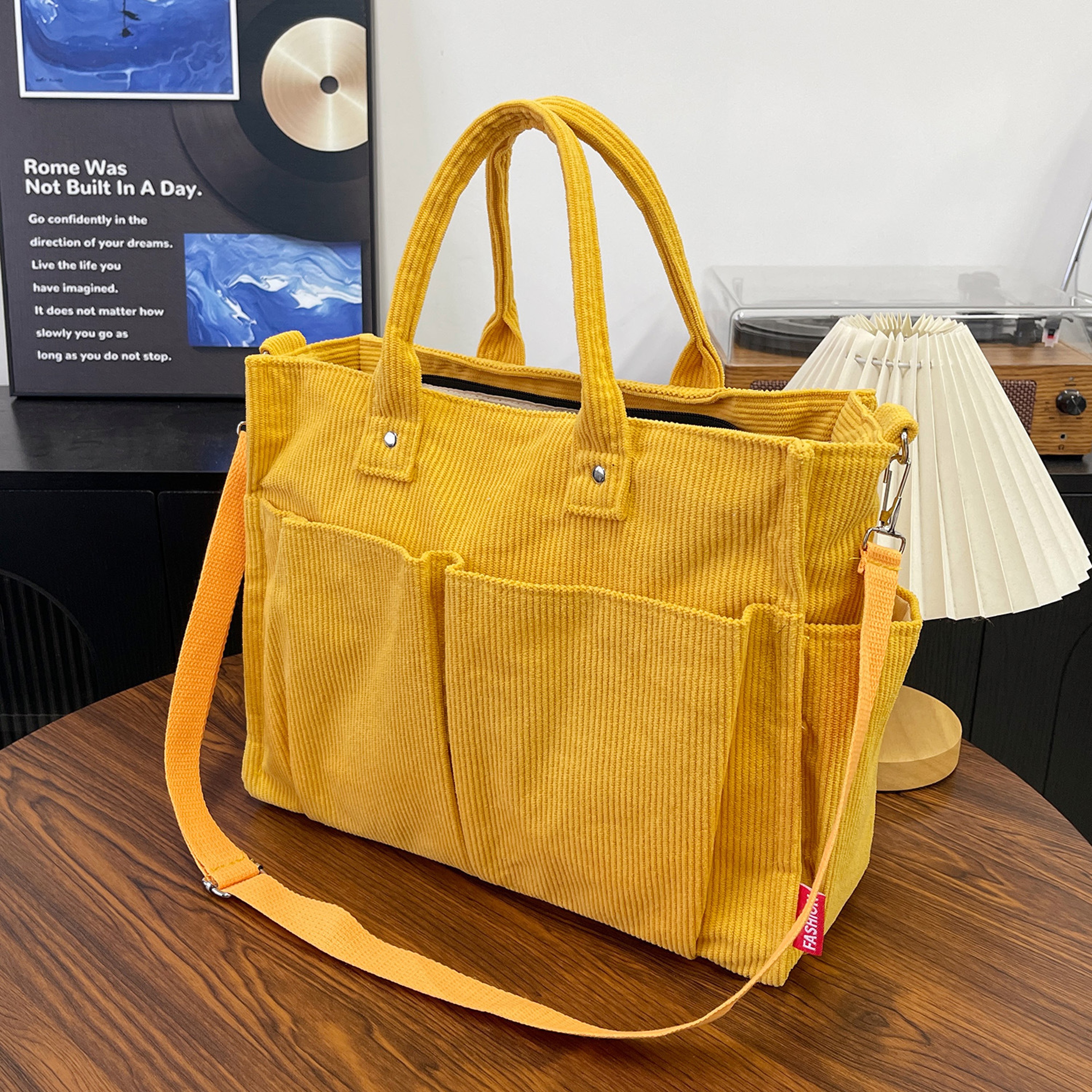Womens Corduroy Tote Bag With Zipper Closure And Interior Pockets 11