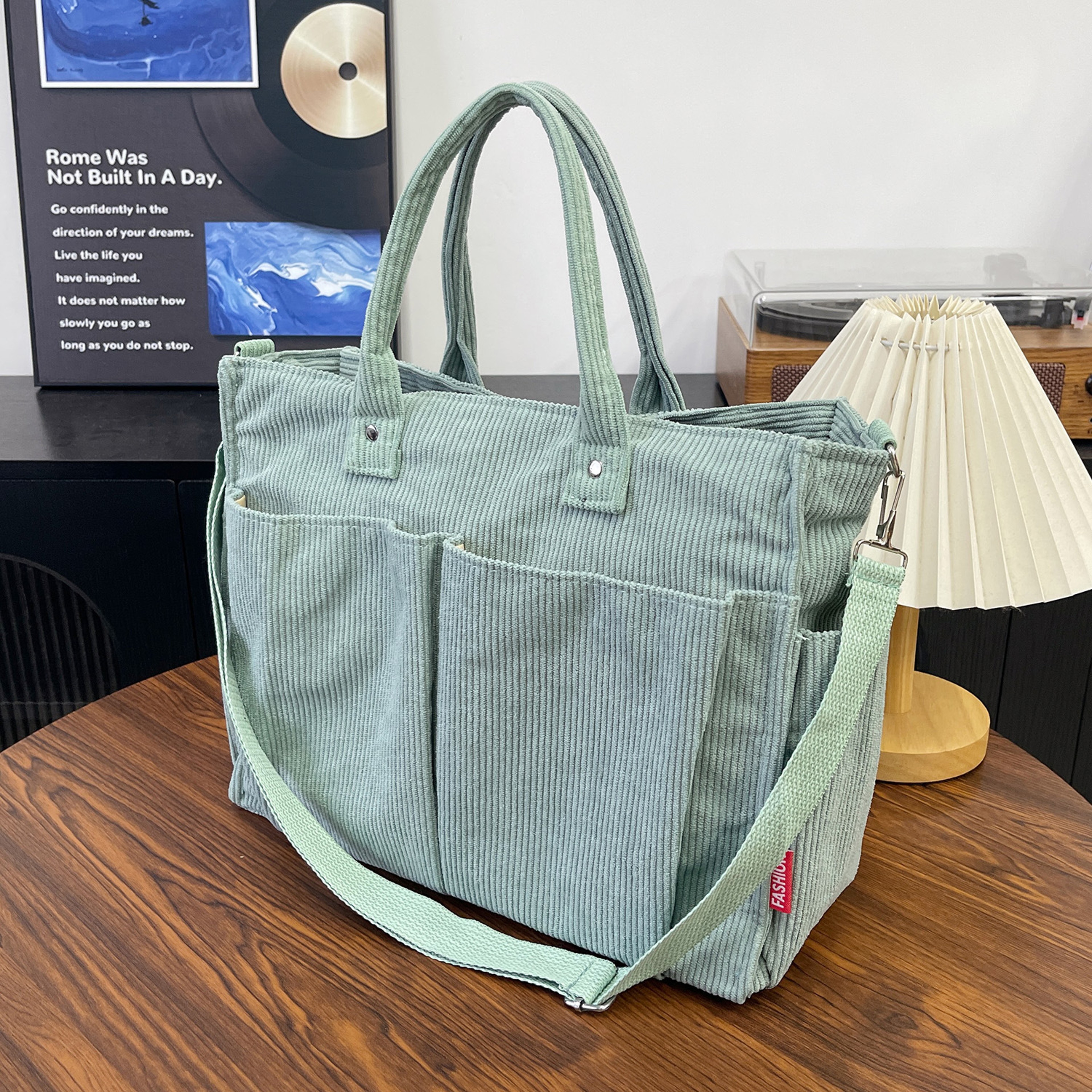 Womens Corduroy Tote Bag With Zipper Closure And Interior Pockets 6