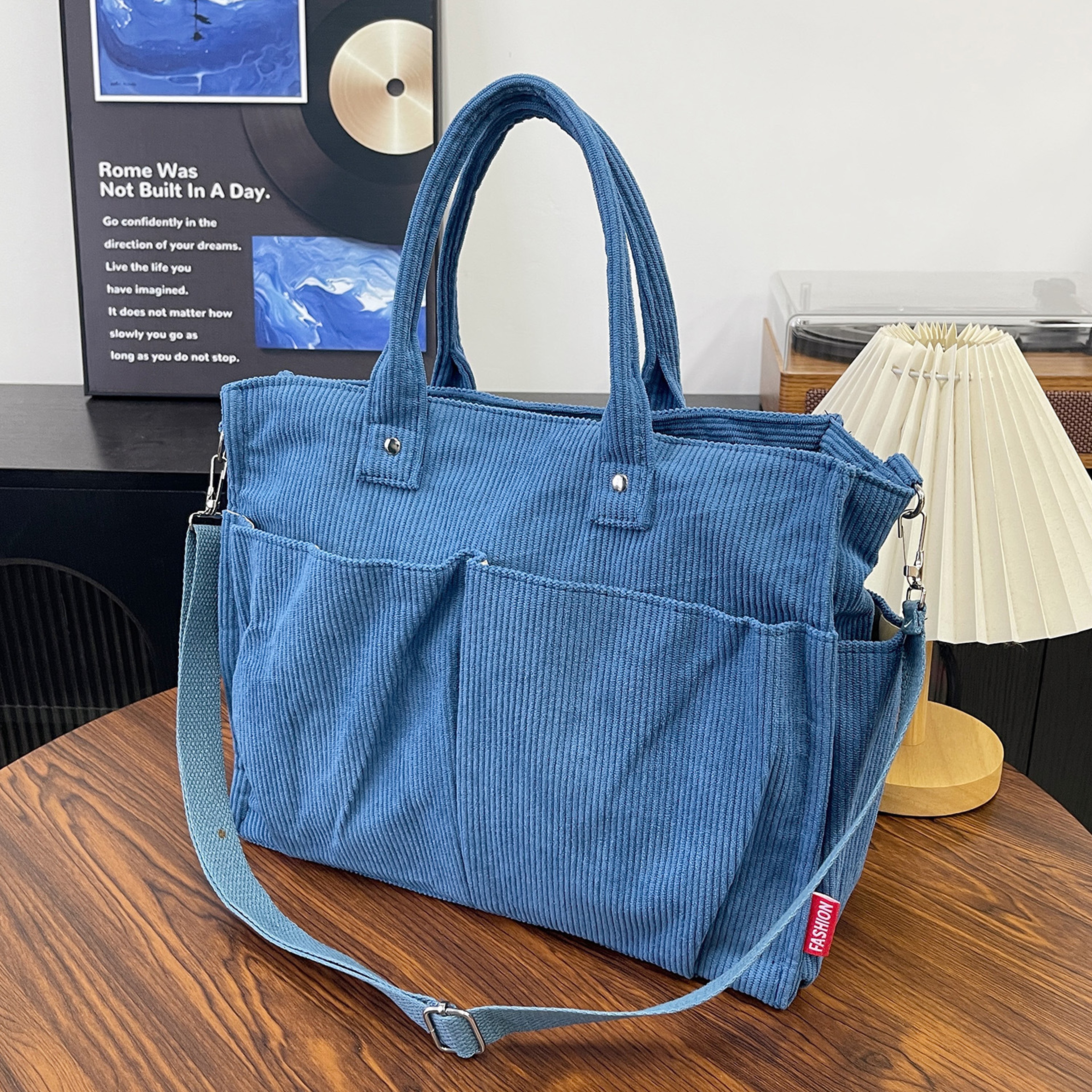 Womens Corduroy Tote Bag With Zipper Closure And Interior Pockets 9