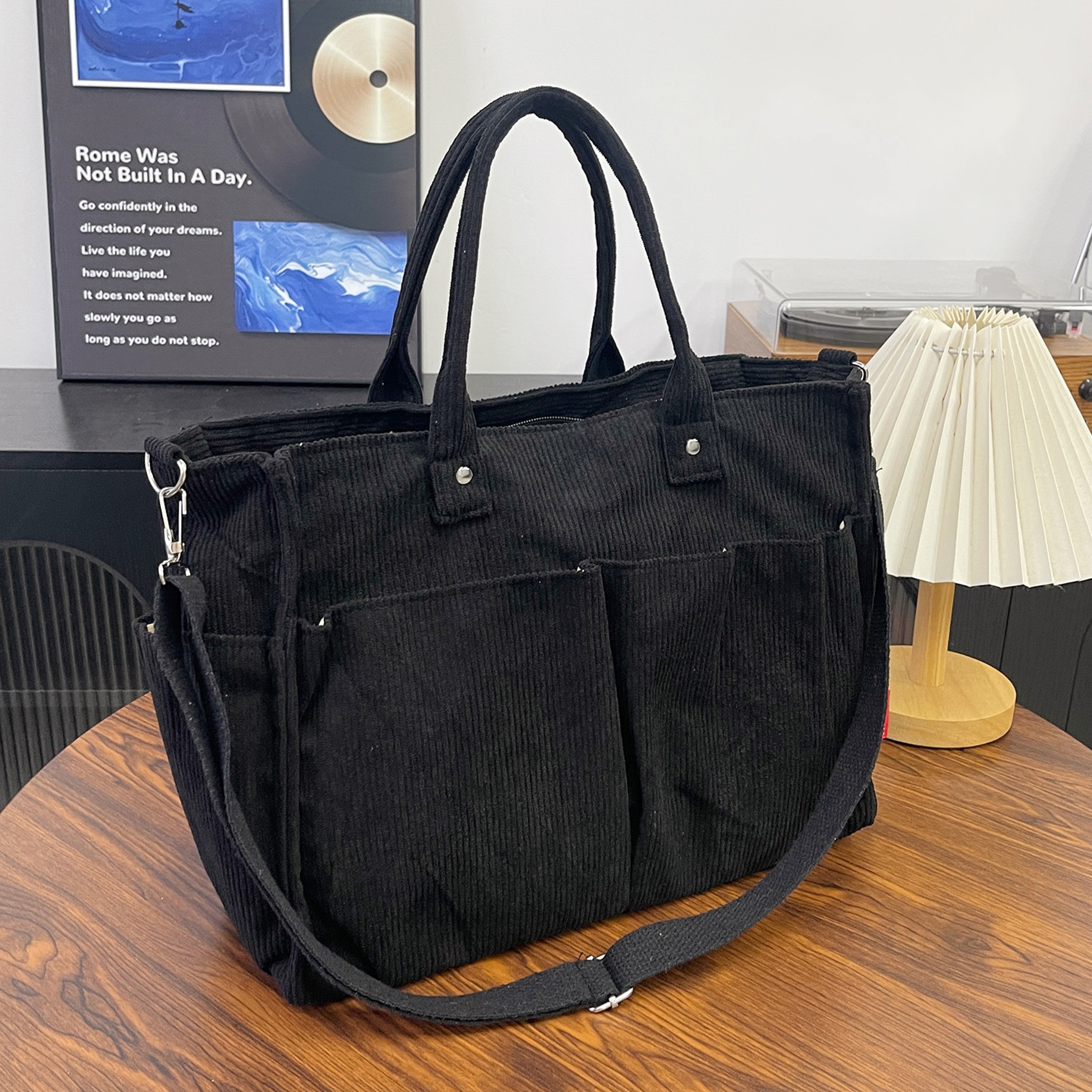 Womens Corduroy Tote Bag With Zipper Closure And Interior Pockets 10