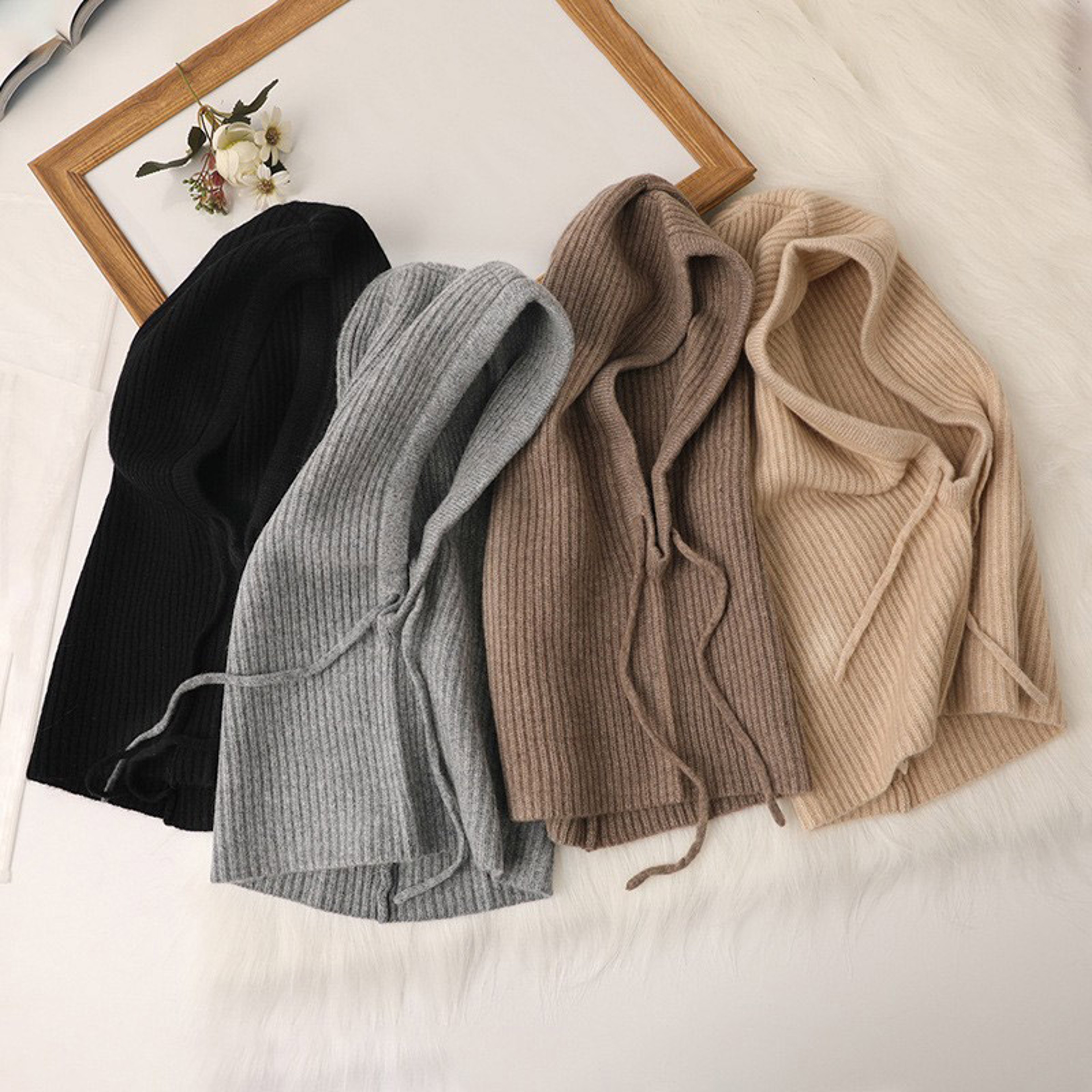 Knitted Balaclava Hat with Drawstring Hood and Neck Warmer for Winter – view 3