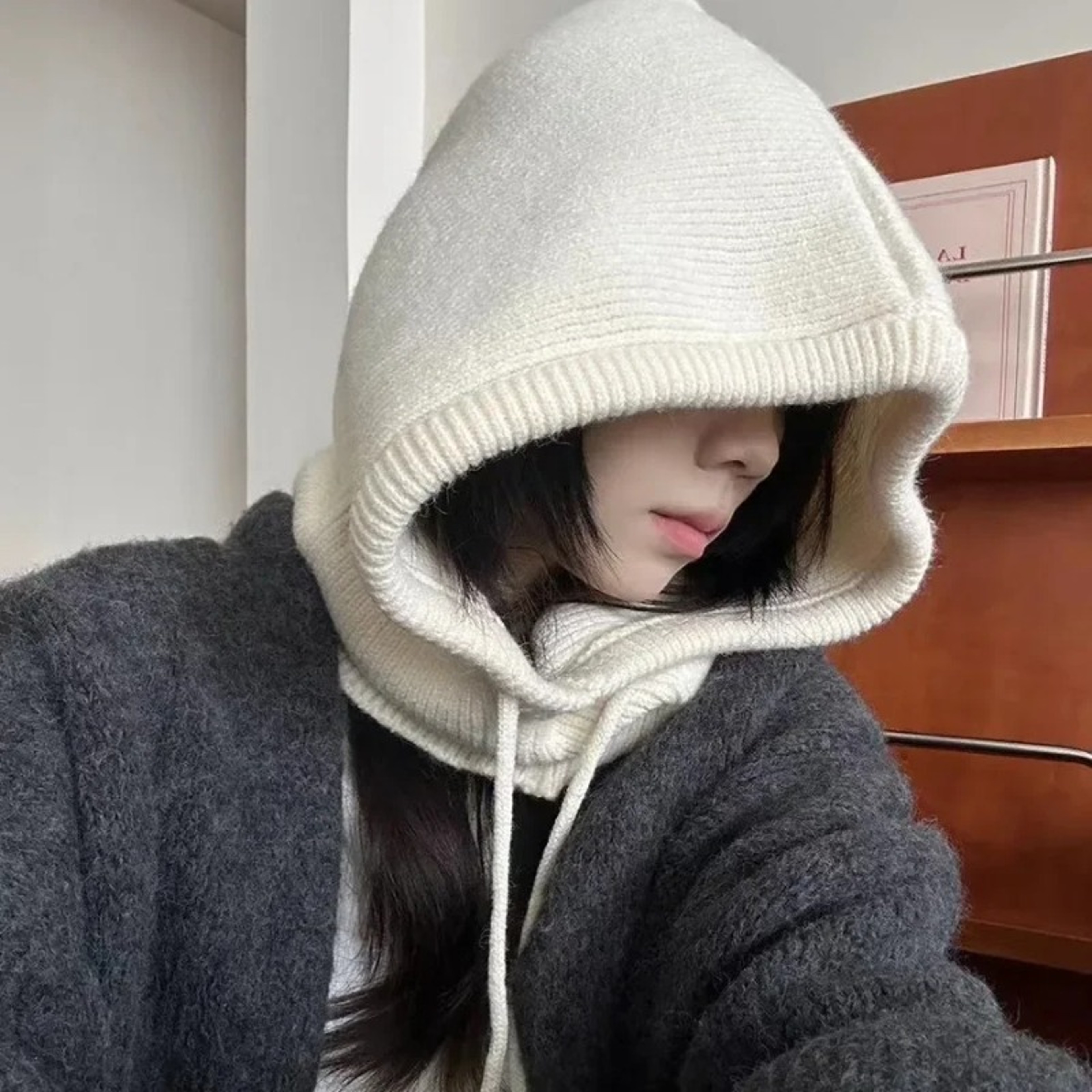 Knitted Balaclava Hat with Drawstring Hood and Neck Warmer for Winter – view 5