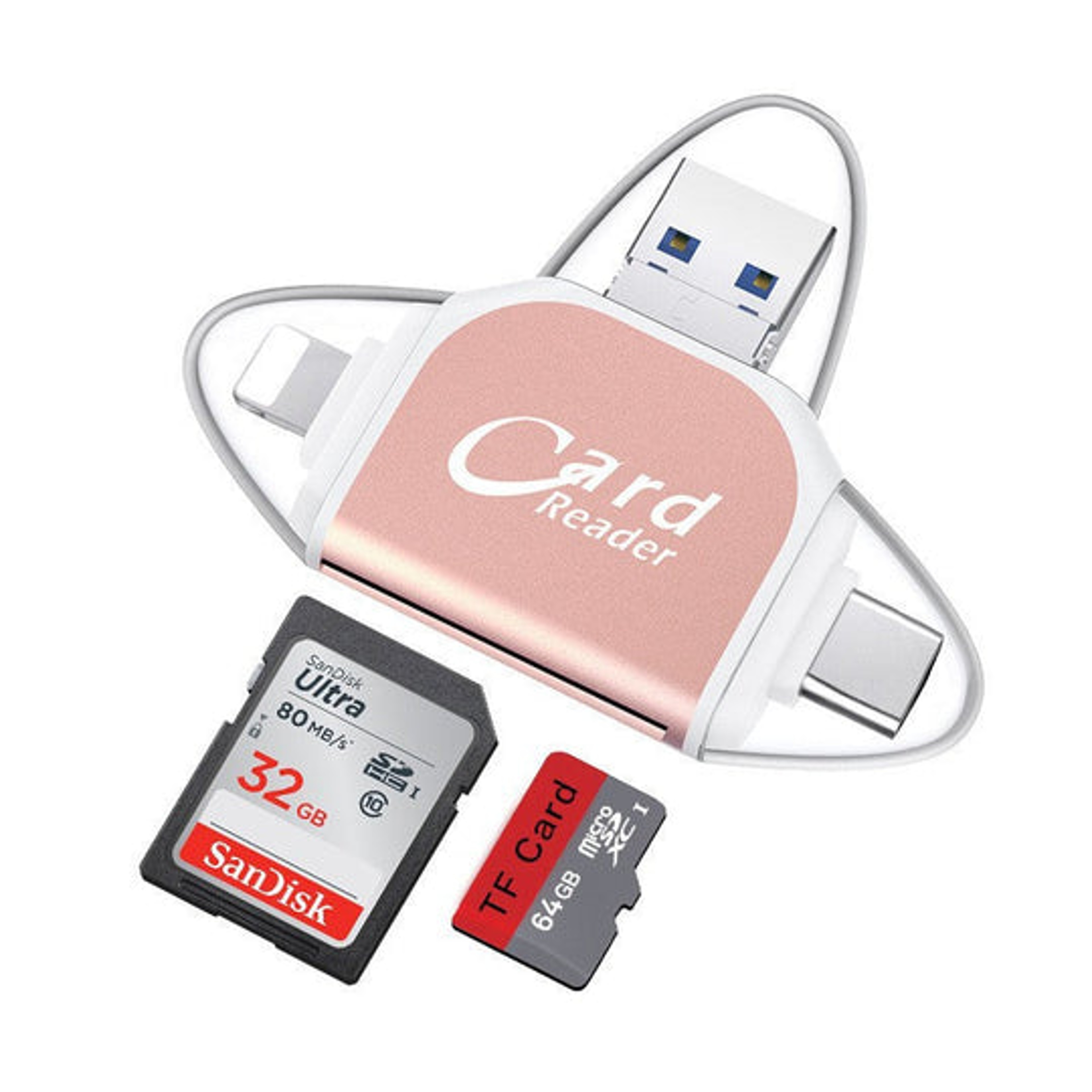 Multi-Port 4 in 1 Universal SD TF Card Reader Rose Red