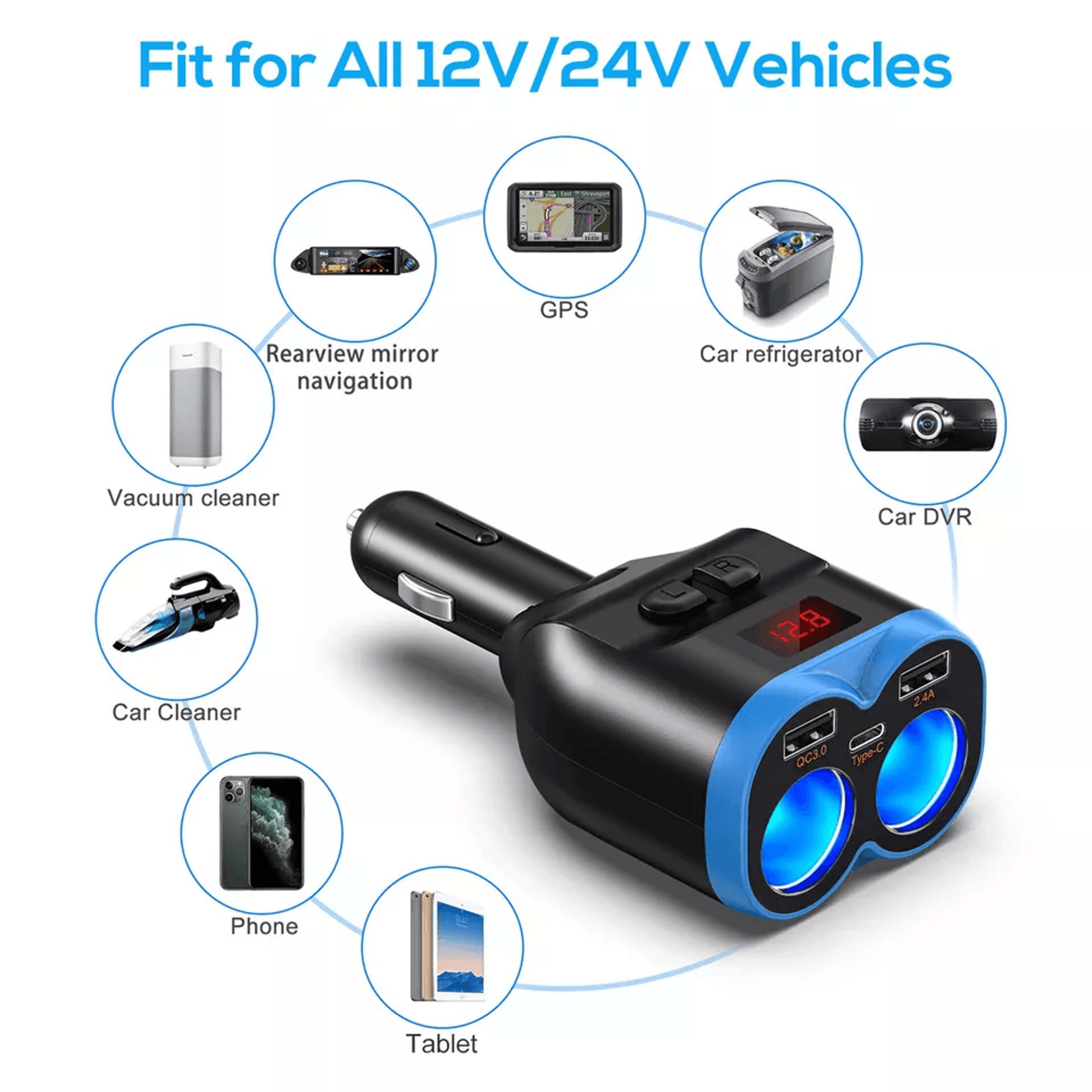 Car Cigarette Lighter Socket Dual USB Charger Adapter With Fast Charging TypeC Port Voltage Display 5