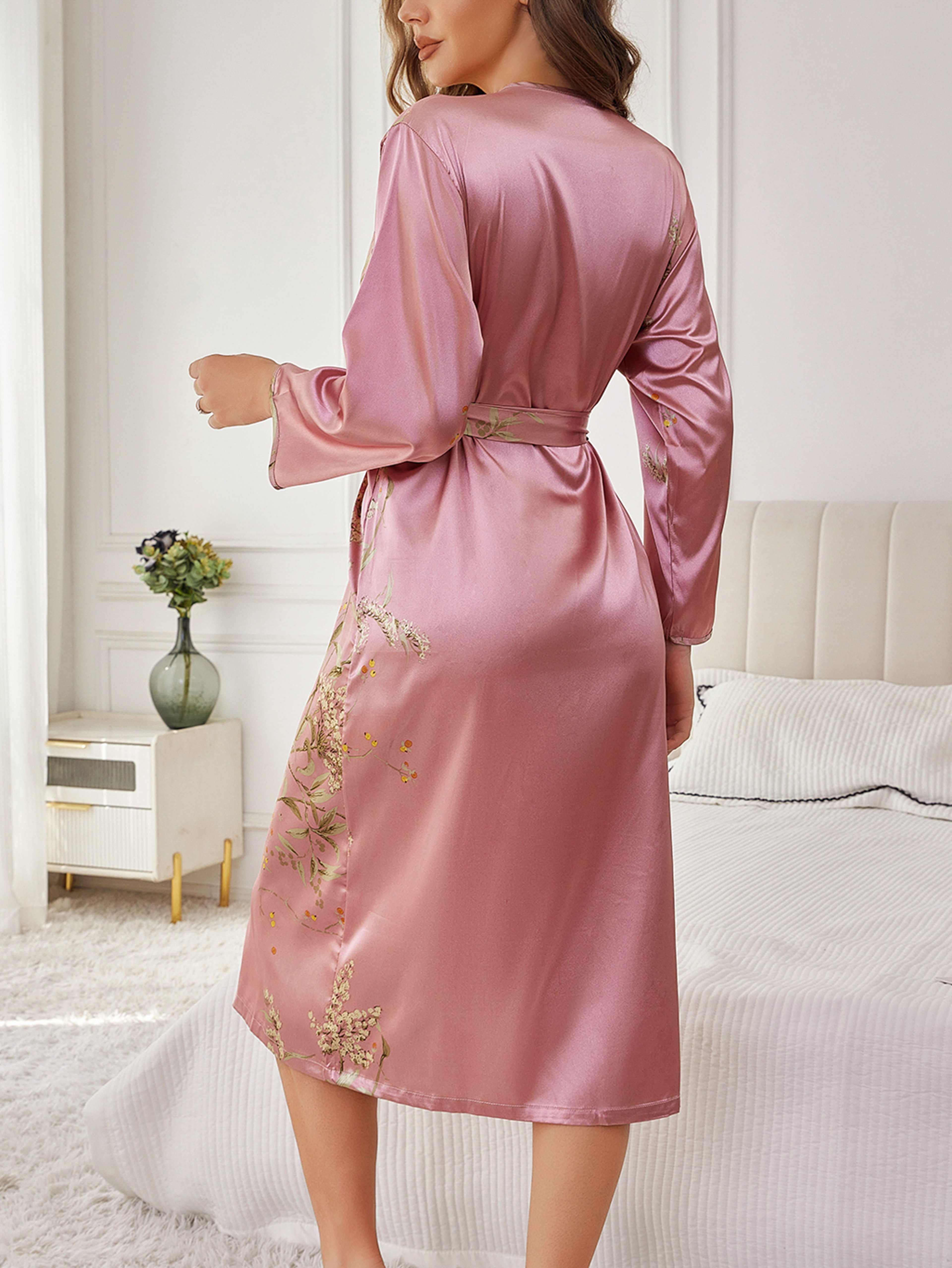 Elegant Floral Print Robe for Women, Long Sleeve Silk Loungewear, Loose Fit Breathable All Season Kimono – view 2