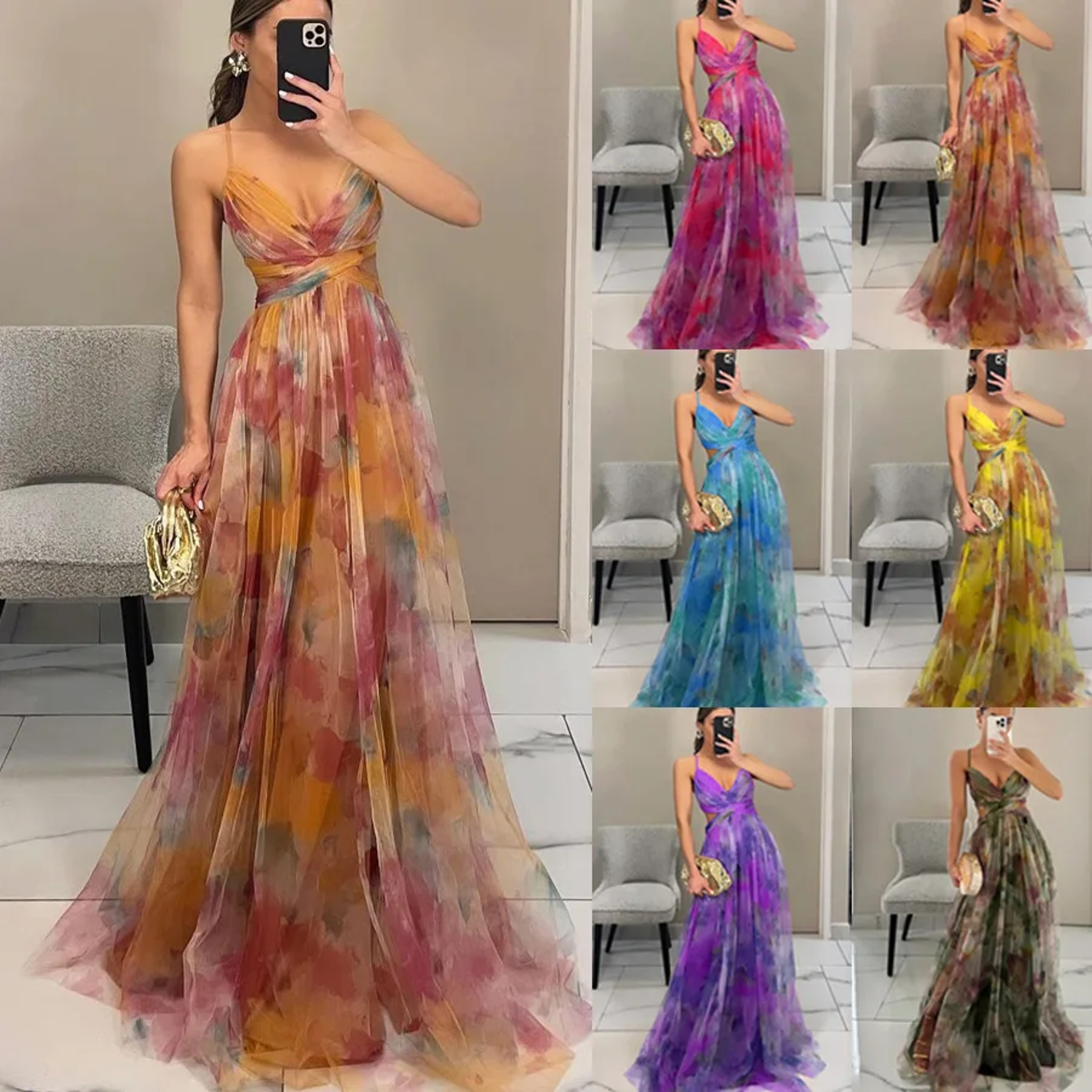 Summer Spring Off-Shoulder Lace Print Halter Dress Casual Party Holiday Dress V-Neck Floor-Length Polyester Fiber Dress – view 1