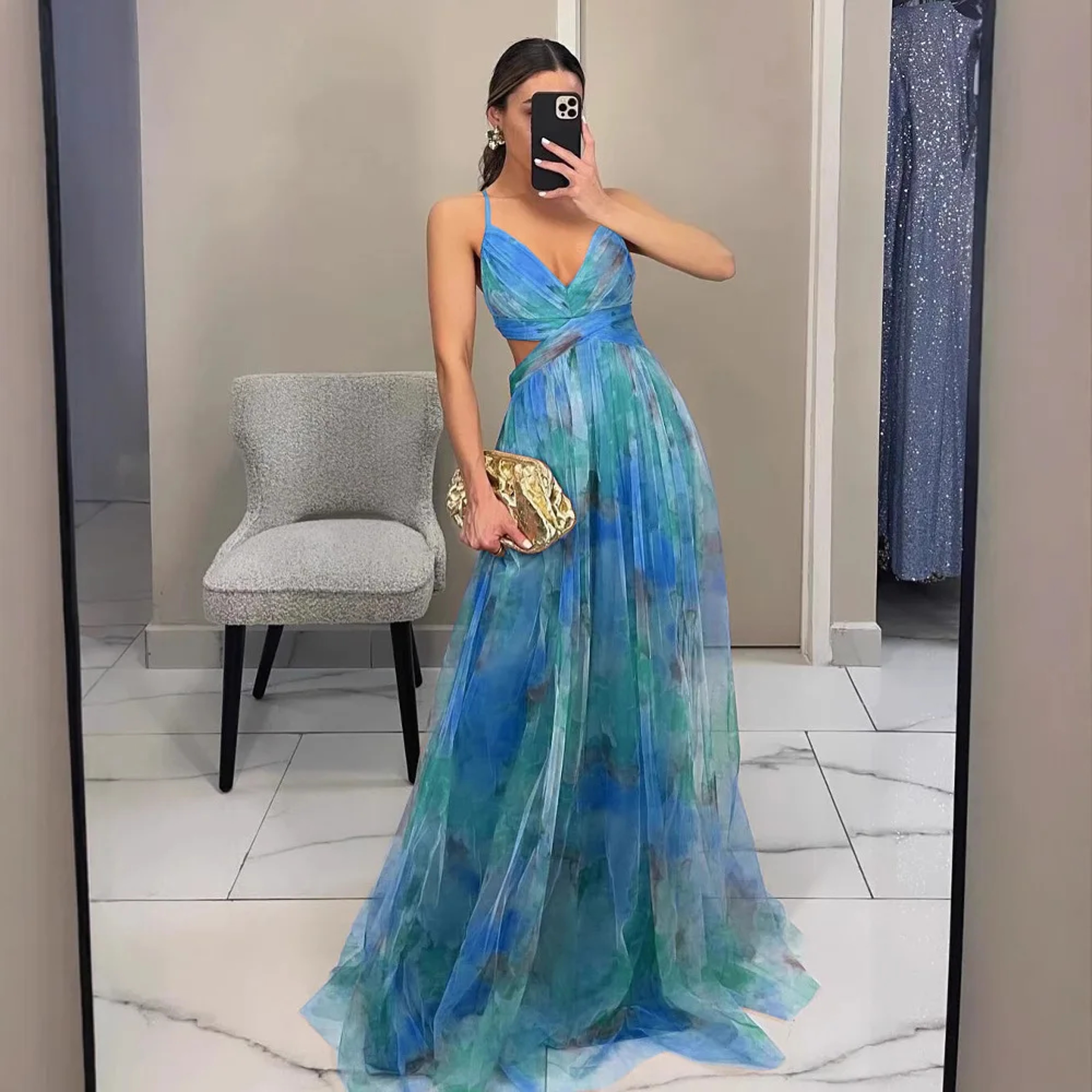 Summer Spring Off-Shoulder Lace Print Halter Dress Casual Party Holiday Dress V-Neck Floor-Length Polyester Fiber Dress – view 4