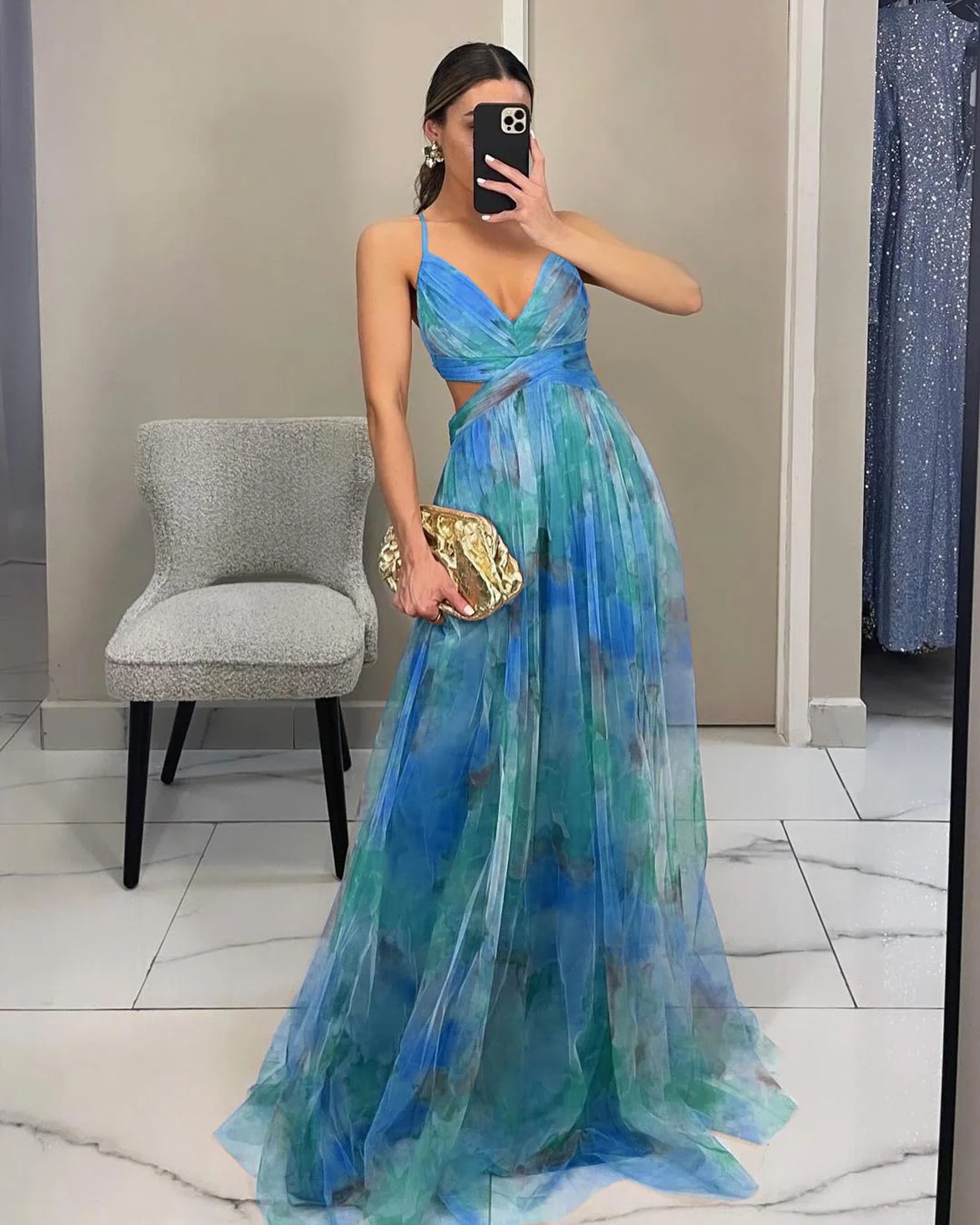 Summer Spring Off-Shoulder Lace Print Halter Dress Casual Party Holiday Dress V-Neck Floor-Length Polyester Fiber Dress – view 10