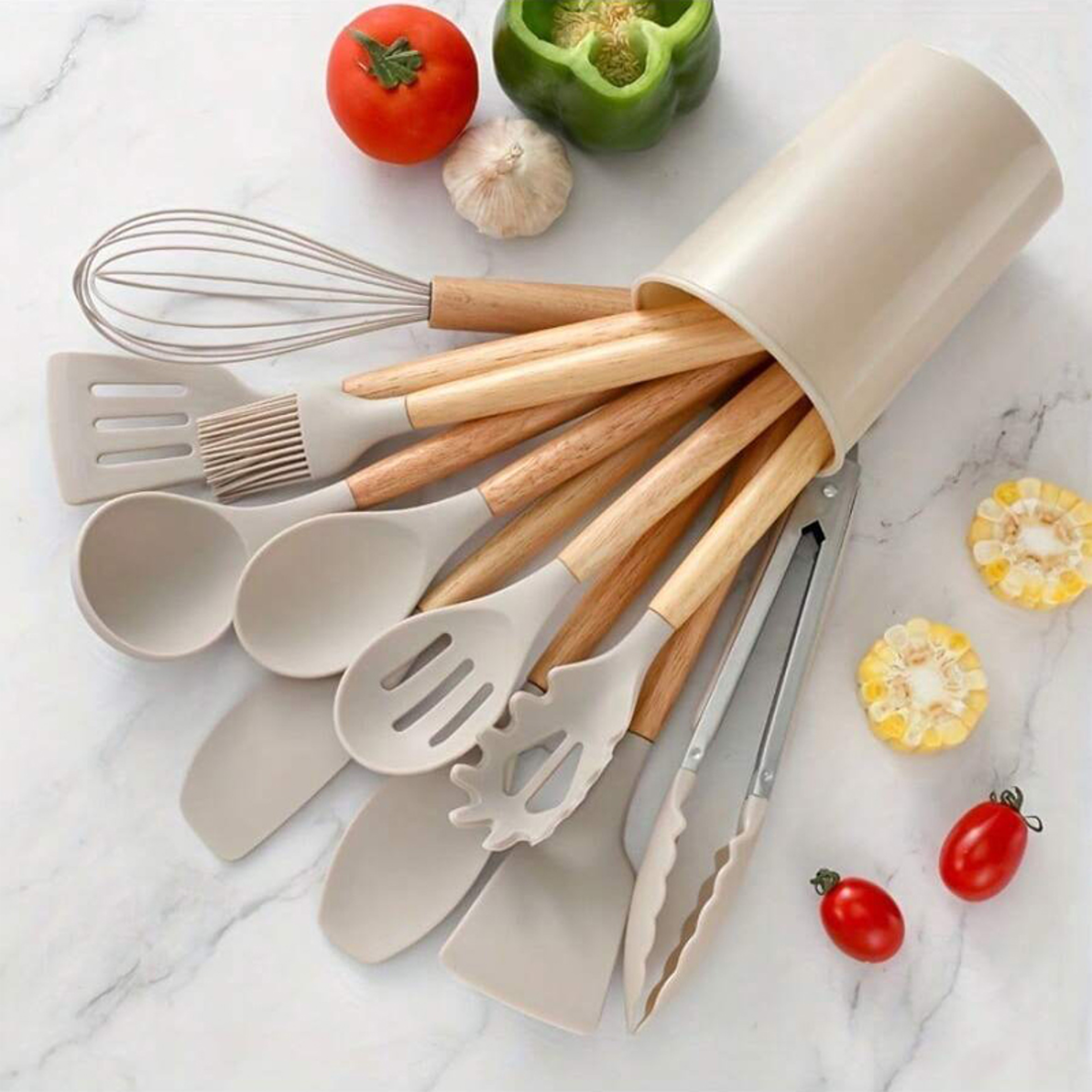 Premium Silicone Kitchen Utensil Set With Wooden Handles Heat Resistant Non Stick Cookware Tools 4