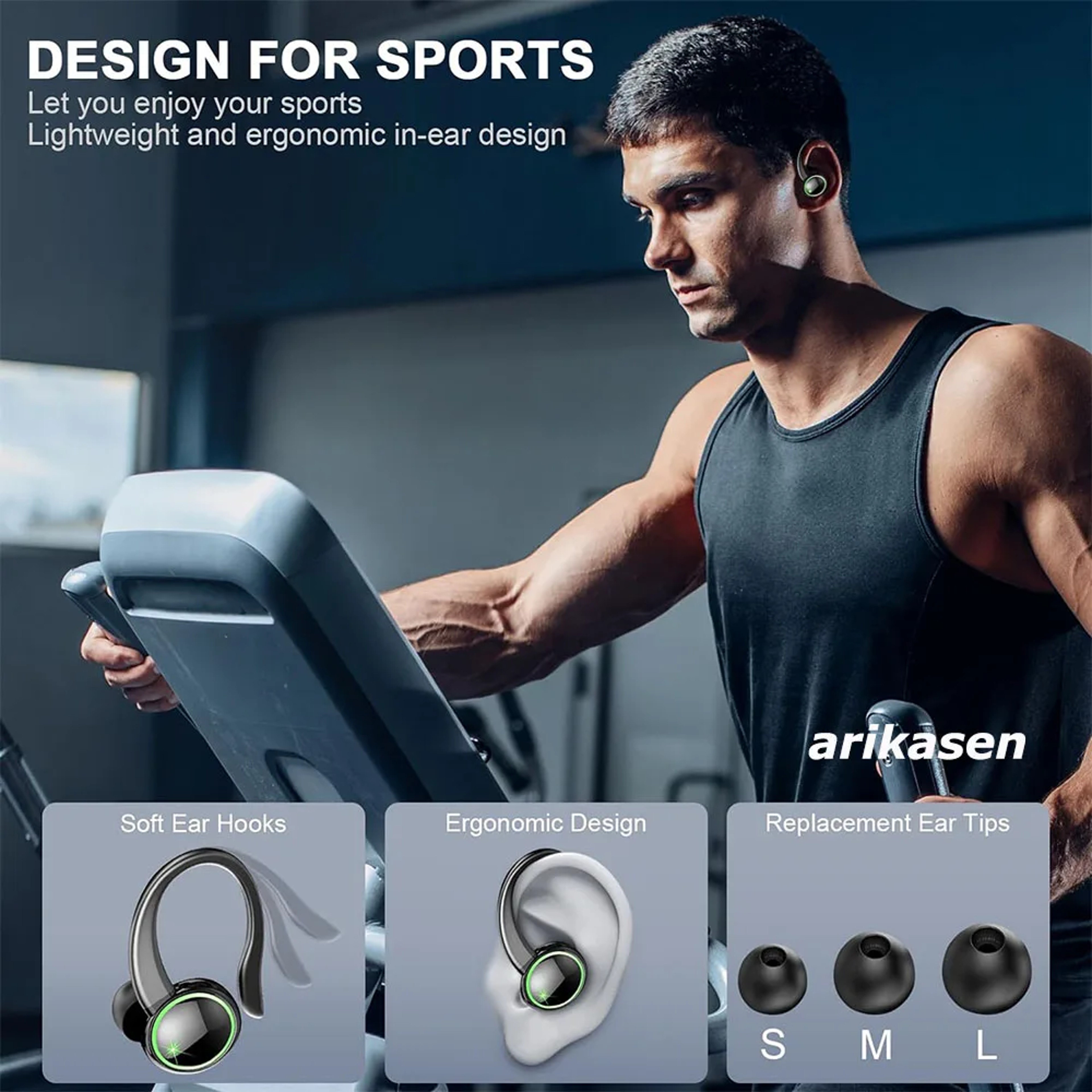 Bluetooth Noise Cancelling Over Ear Earbuds with ENC Mic Earhooks Battery LED Display – view 2