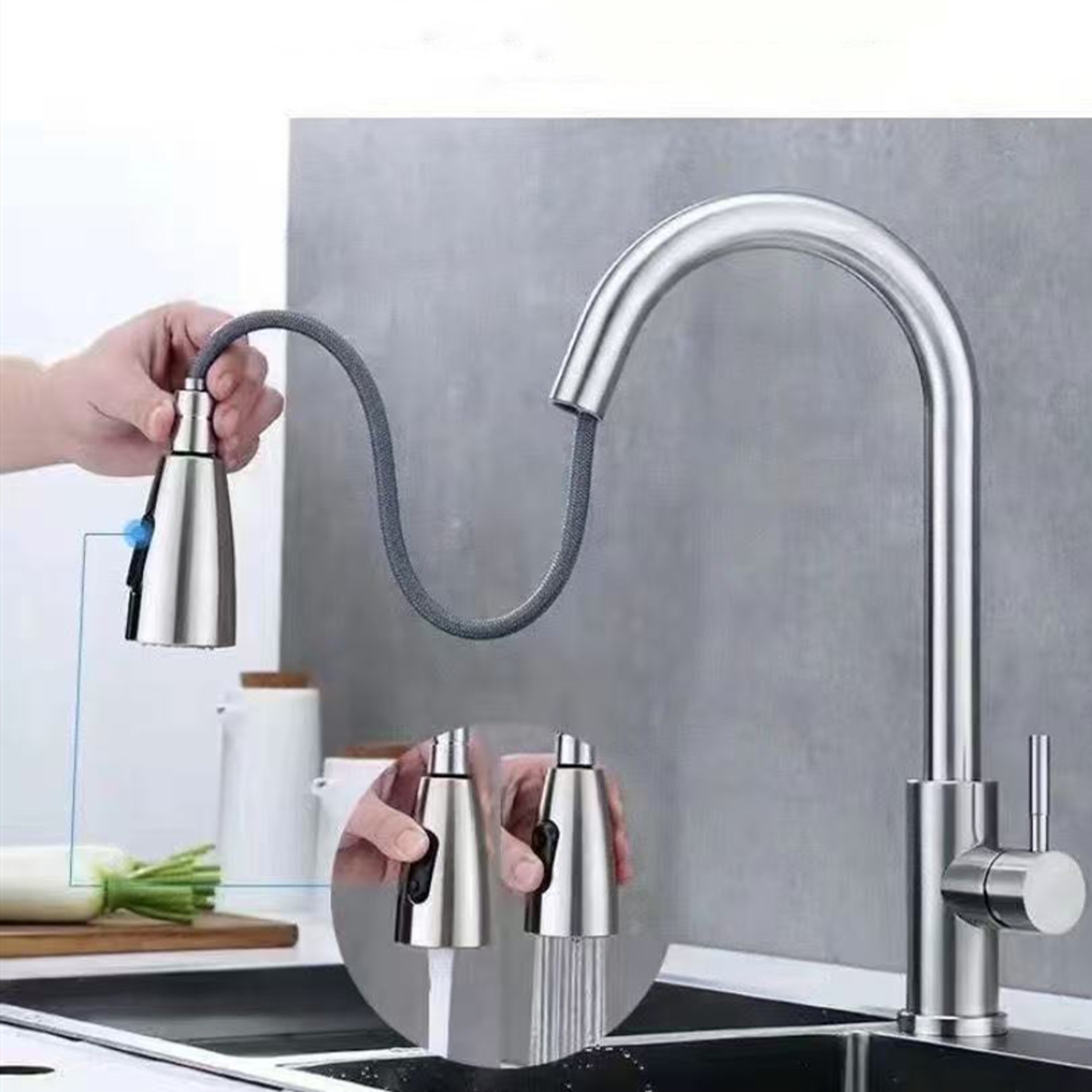 Modern Stainless Steel Pull Out Kitchen Faucet With Swivel High Arc Single Hole Design 2