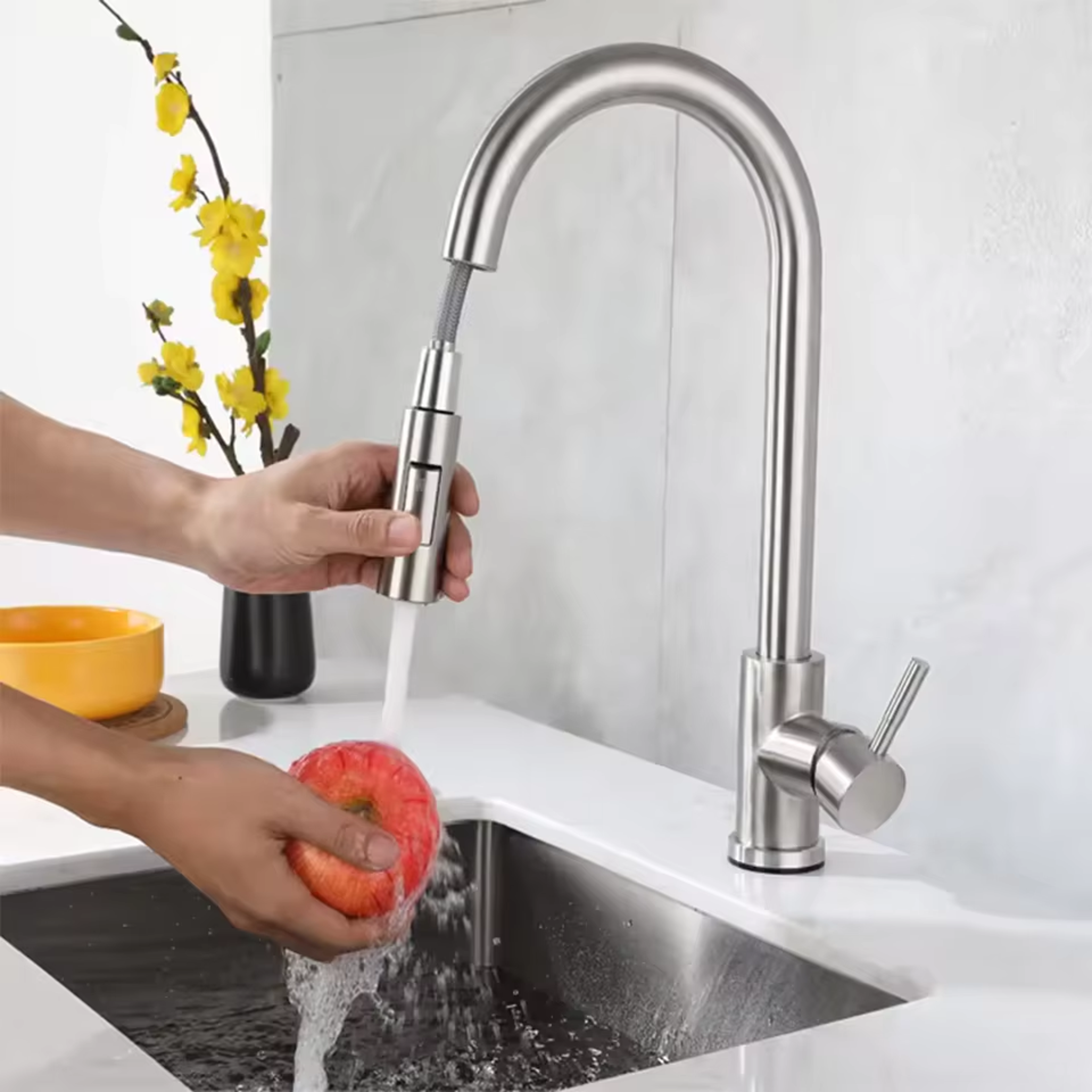 Modern Stainless Steel Pull Out Kitchen Faucet With Swivel High Arc Single Hole Design 4