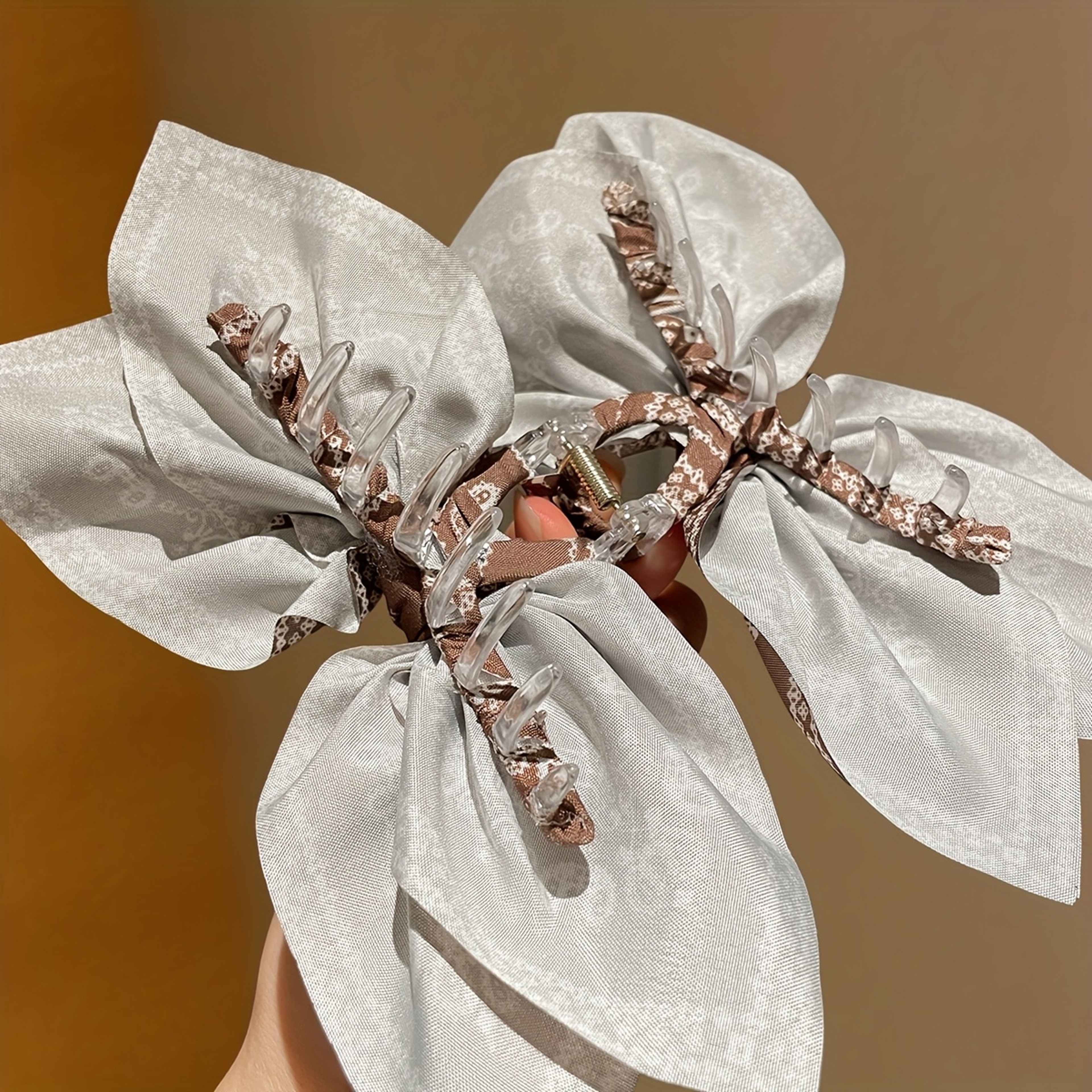 Elegant Bow Hair Clip Brown Floral Hair Claw Clip For Women 3