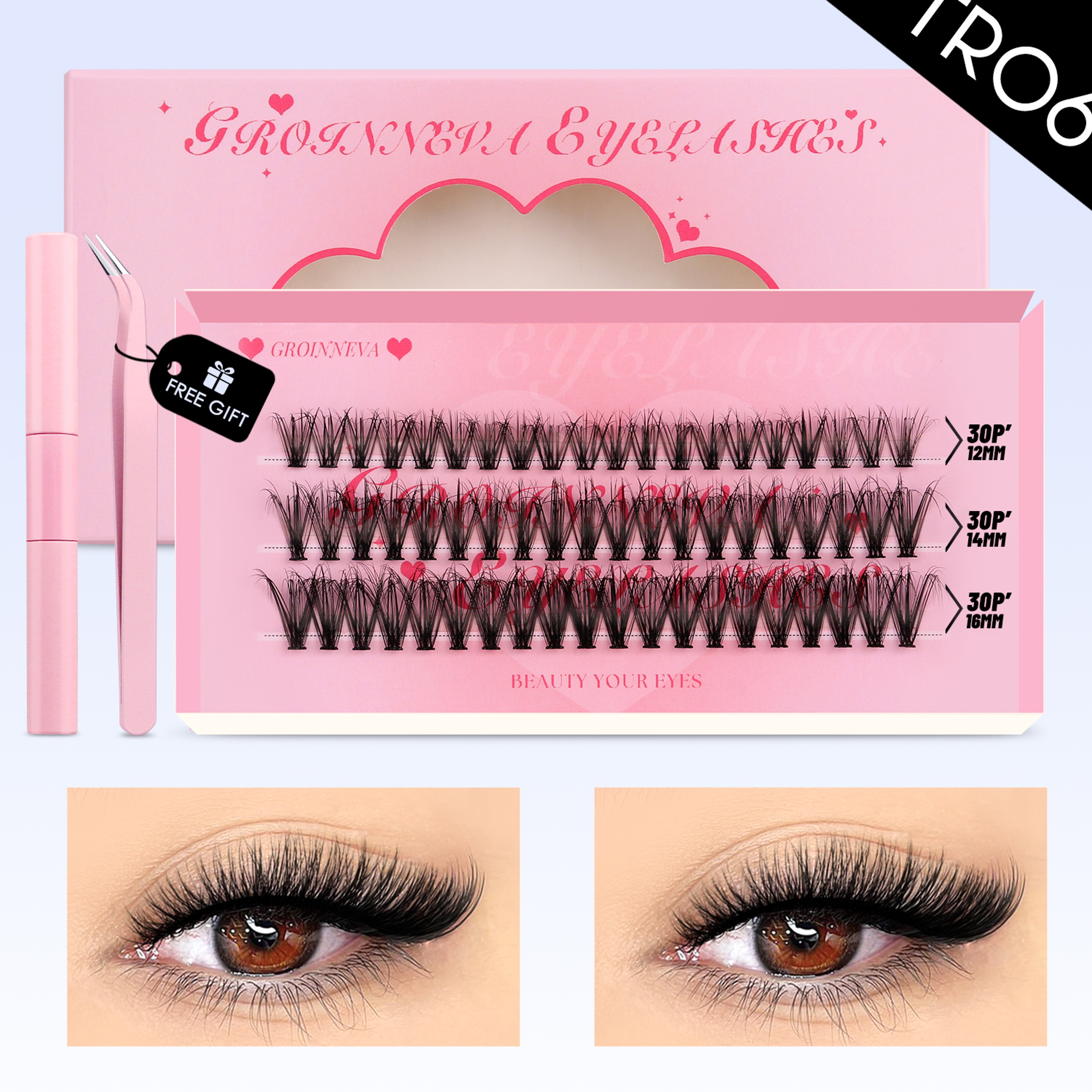 GROINNEYA DIY Lash Clusters Kit With Lash Extension Kit Bond  Seal Tweezers  Individual Lashes 9