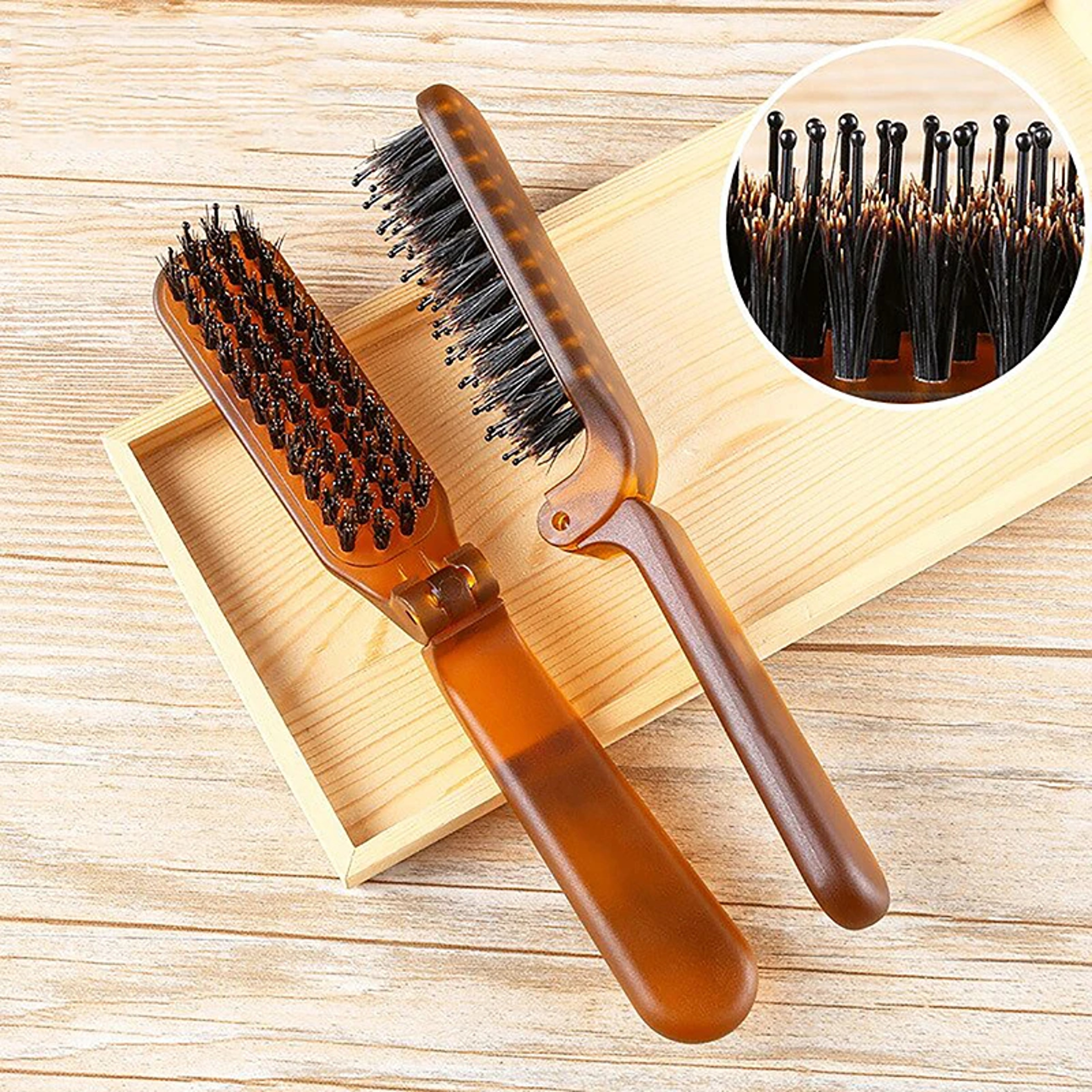 Amber Foldable Hair Brush With Boar Bristles Portable Travel Pocket Styling Comb 1