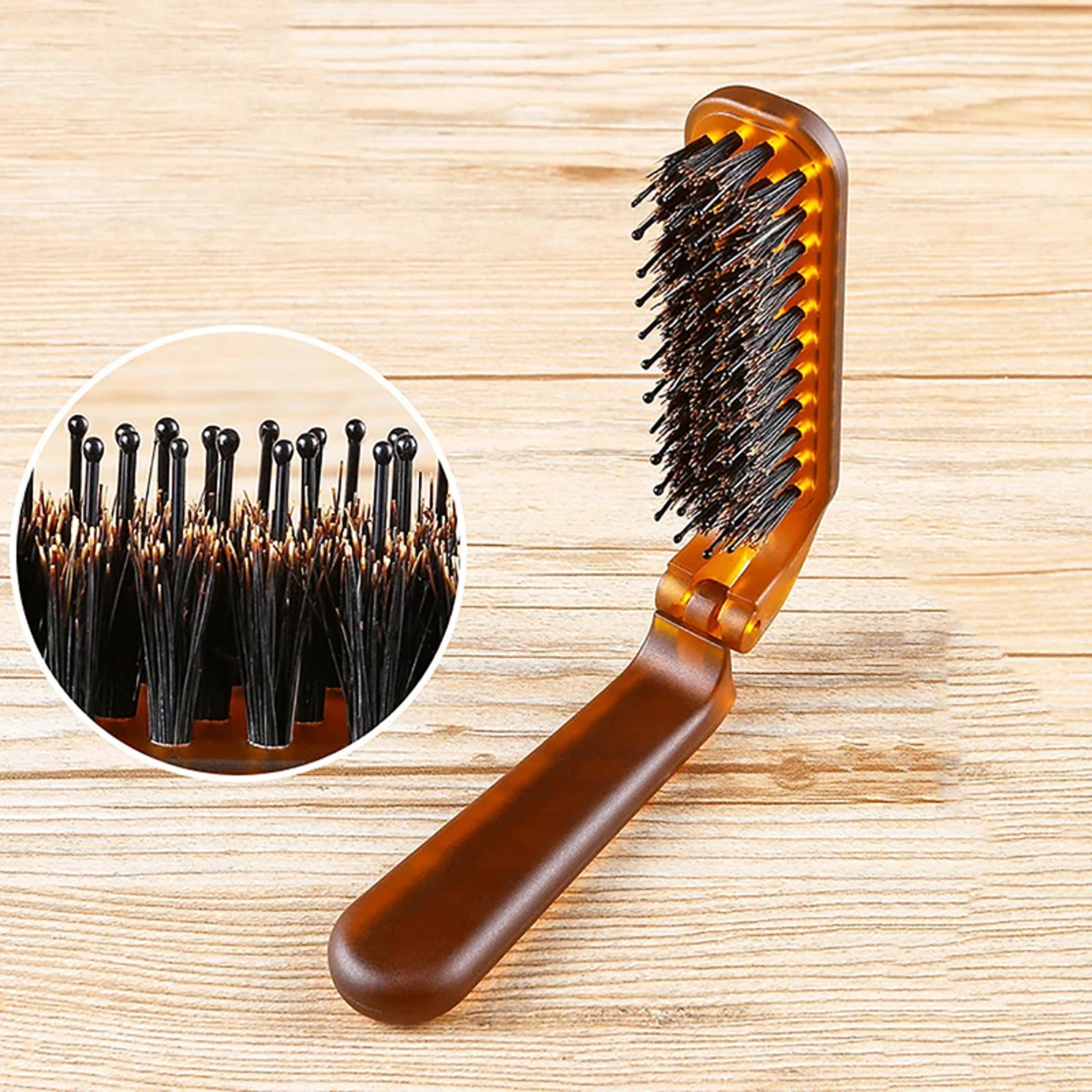 Amber Foldable Hair Brush With Boar Bristles Portable Travel Pocket Styling Comb 2