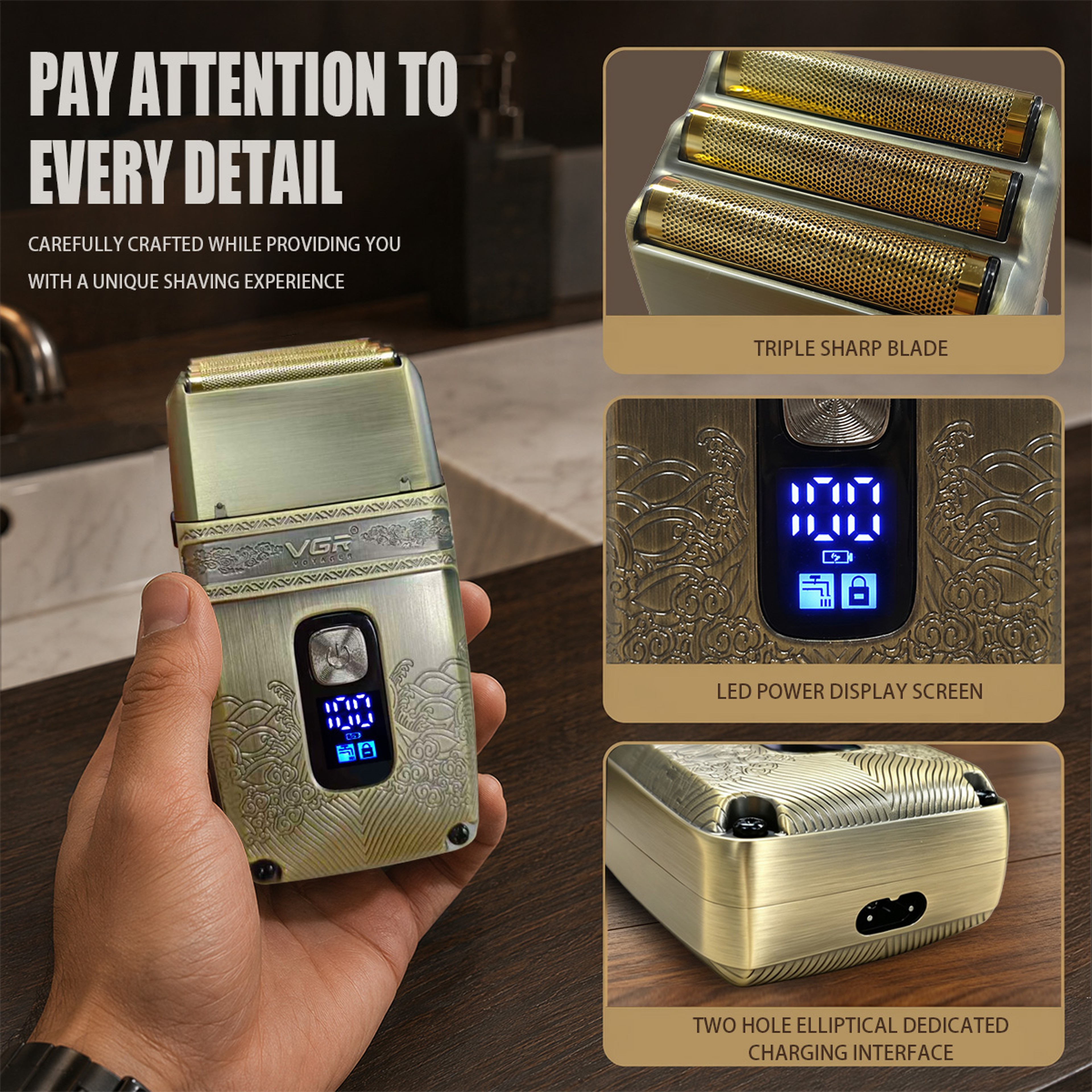 Electric Shaver Triple Foil Beard Trimmer With LED Display For Bald Head  Wet Dry Shaving 3