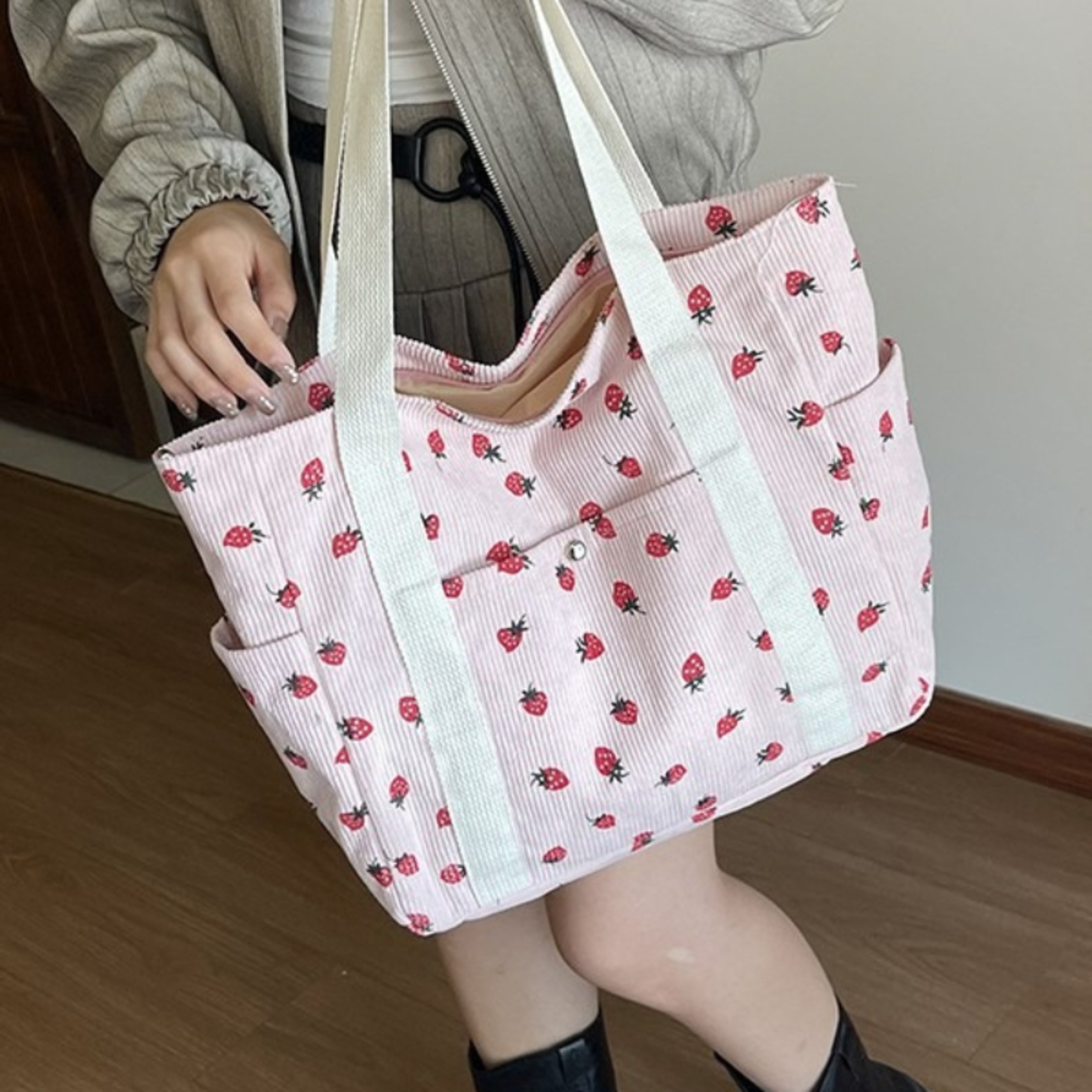 Cute Corduroy Shoulder Bag For Women Printed Underarm Purse Casual Everyday Handbag 0