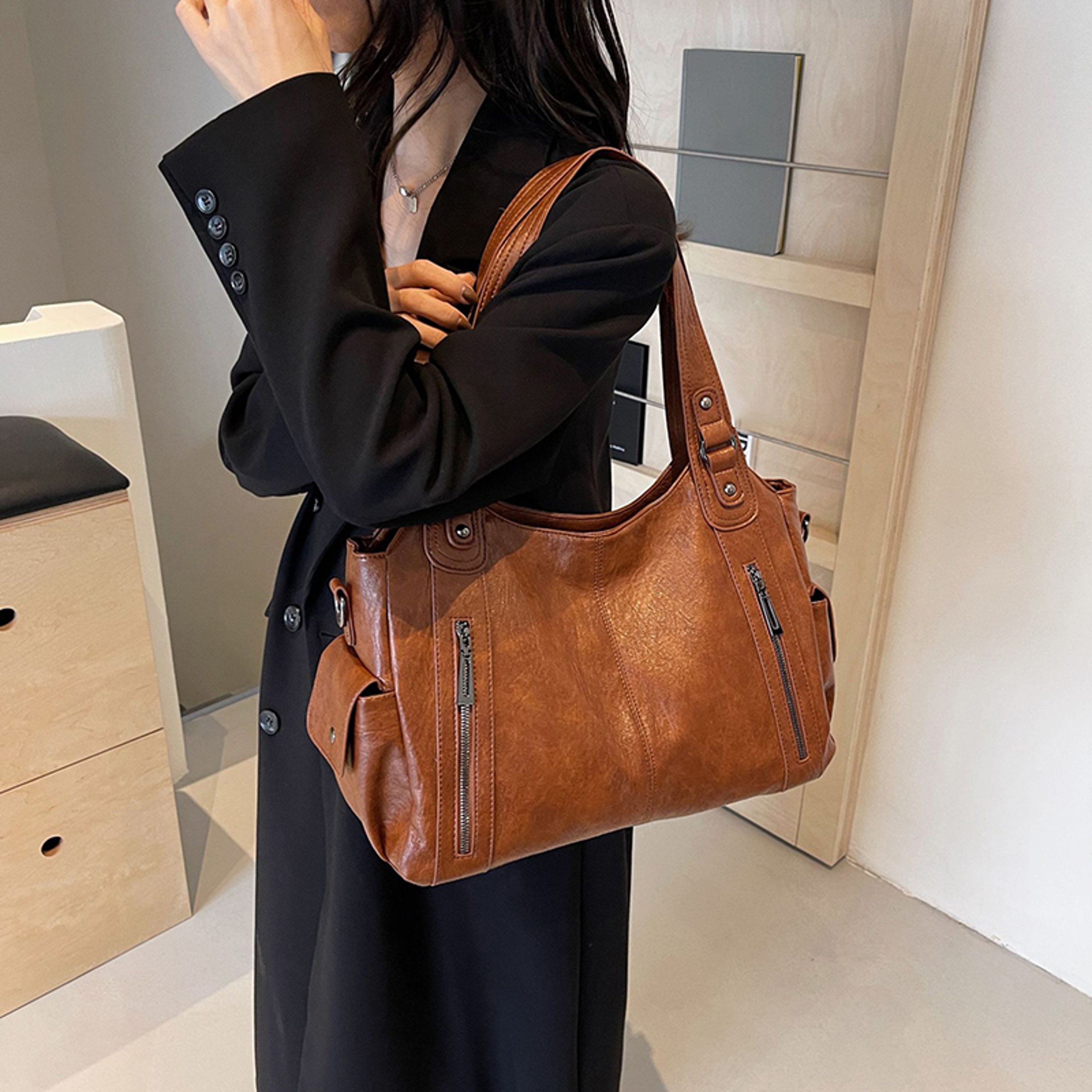 Elegant Women Shoulder Bag Color Block PU Leather Handbag With Soft Interior  Adjustable Crossbody  1