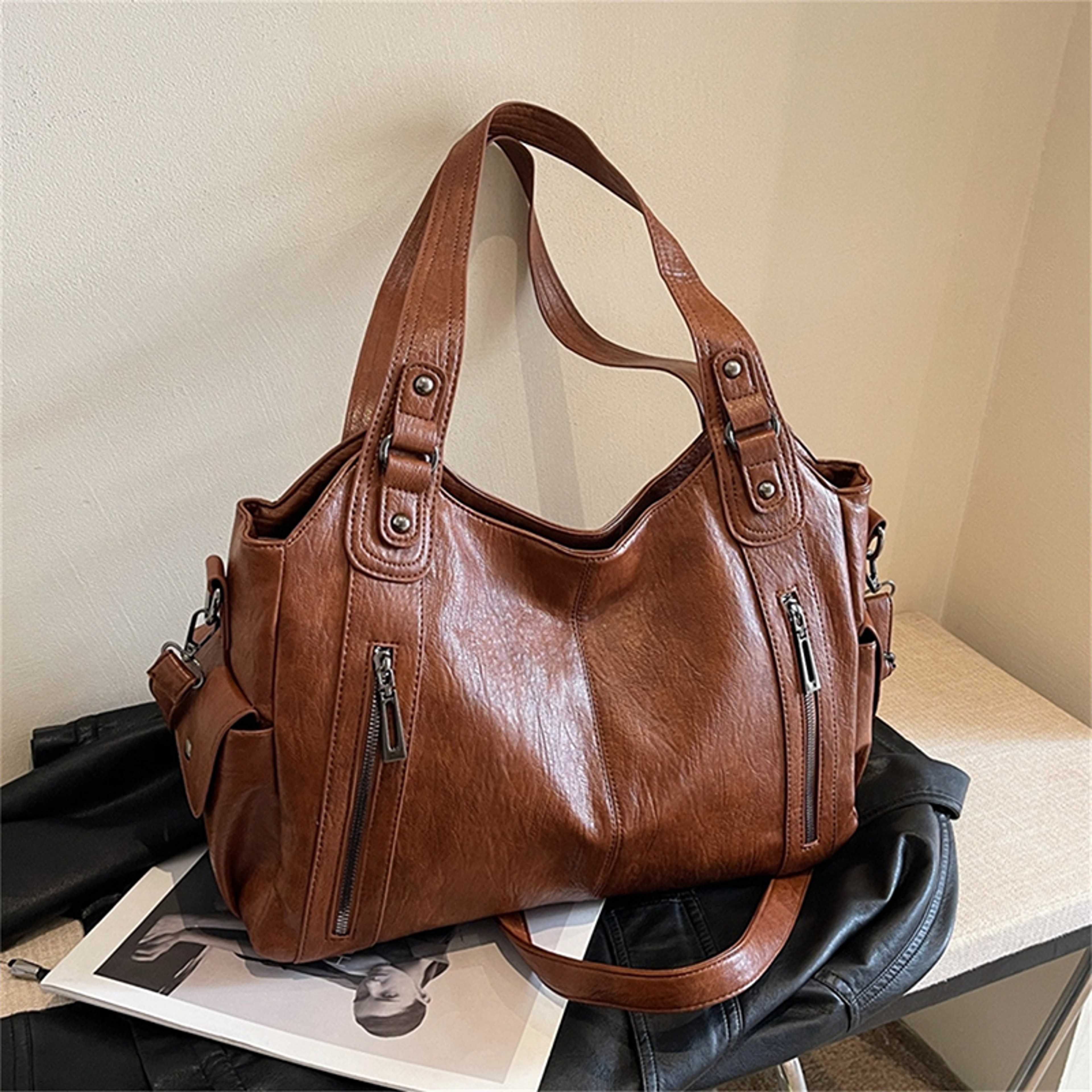 Elegant Women Shoulder Bag Color Block PU Leather Handbag With Soft Interior  Adjustable Crossbody  6