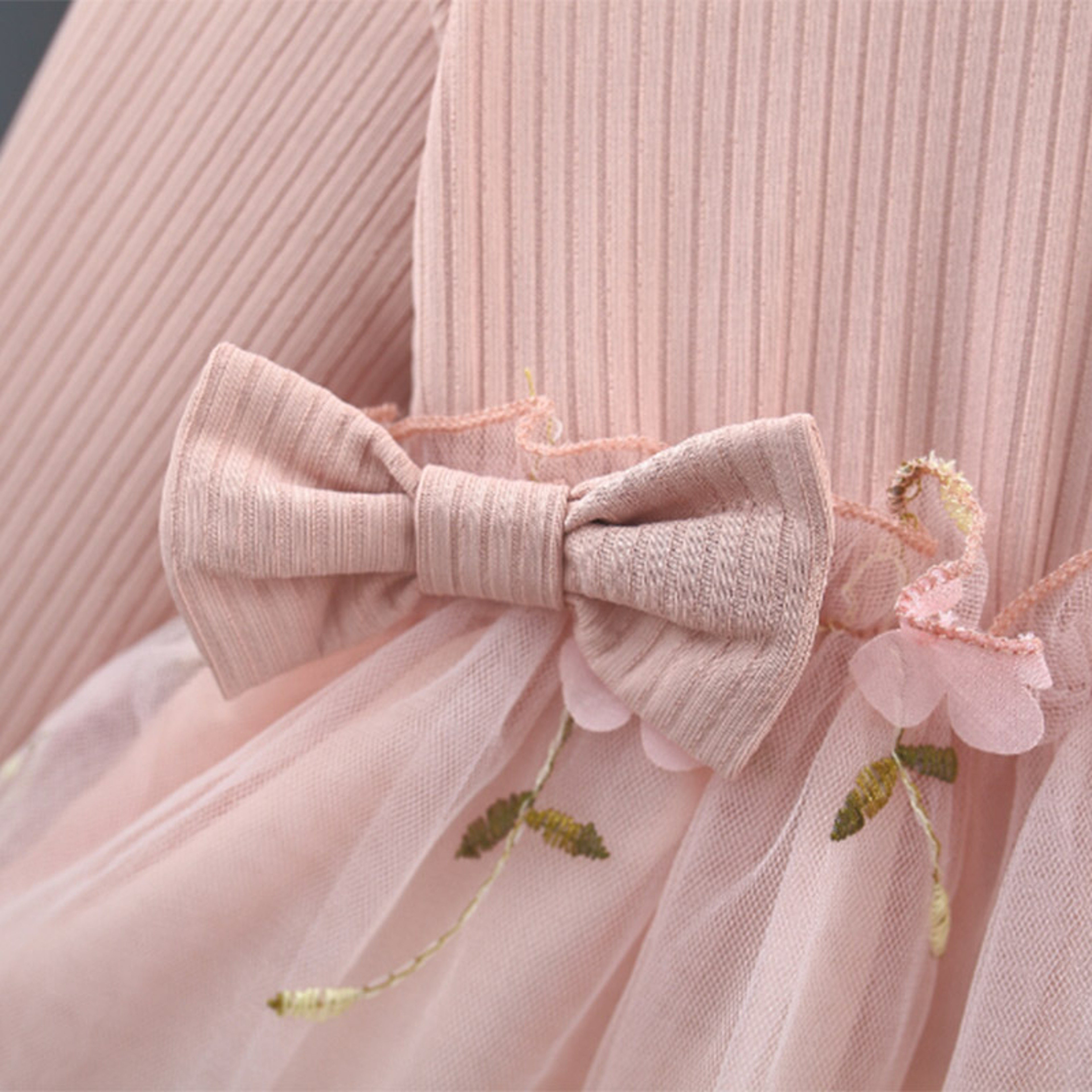 Fashion Autumn Spring Toddler Baby Dress Round Neck Knit Long Sleeve with Flower Embroidery Casual Pink Baby Dress – view 4