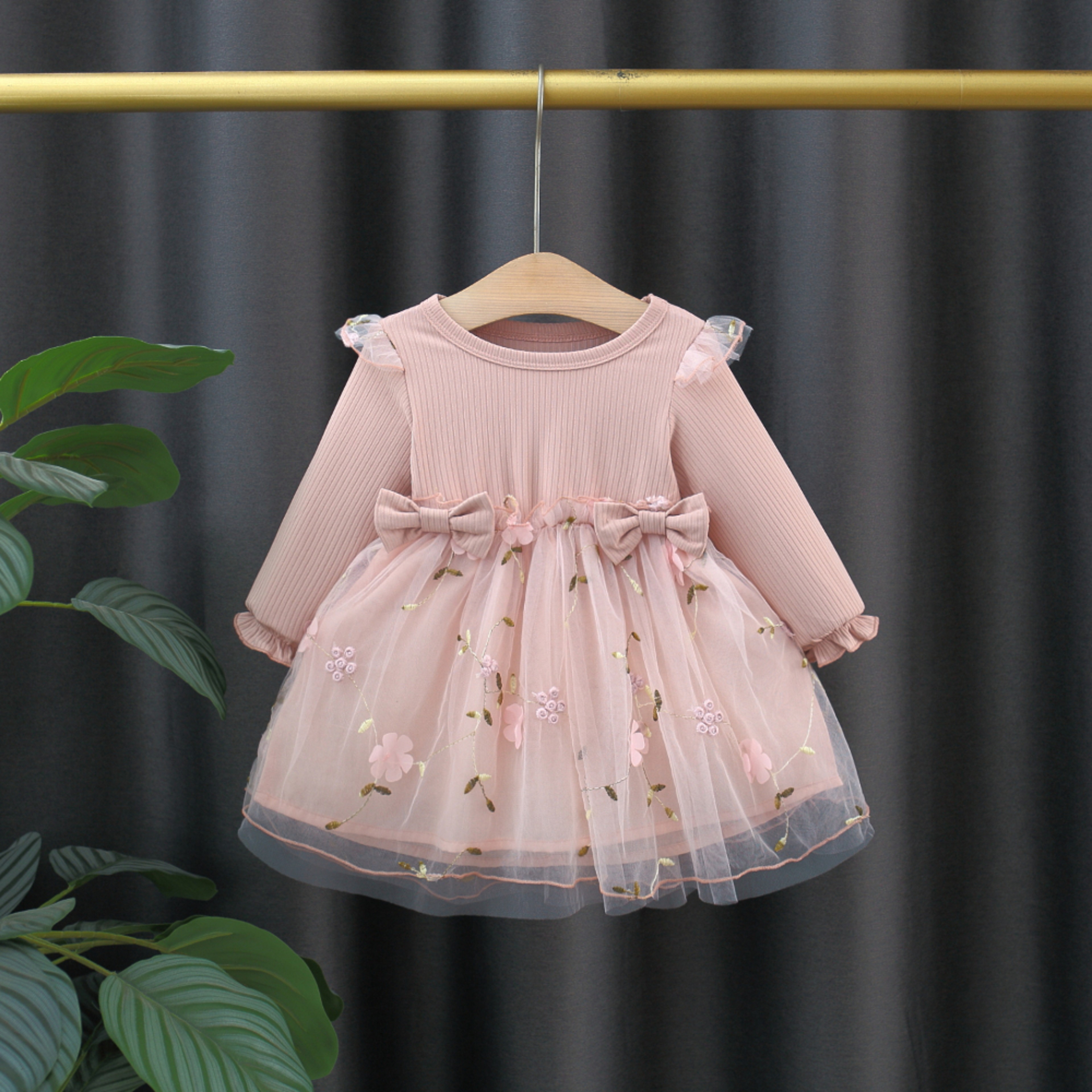 Fashion Autumn Spring Toddler Baby Dress Round Neck Knit Long Sleeve with Flower Embroidery Casual Pink Baby Dress – view 7