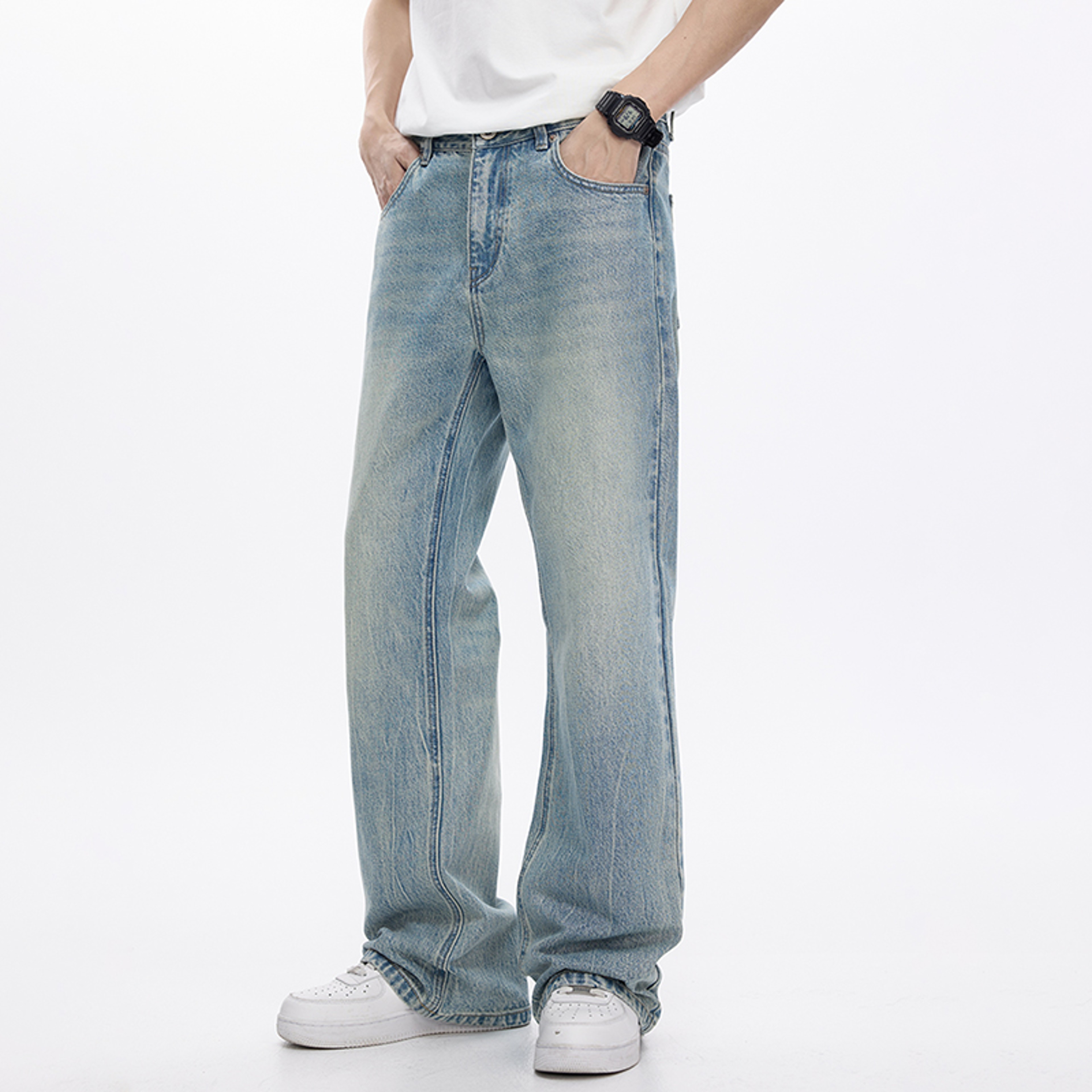 Light Blue Streetwear Loose Fit Bootcut Jeans Spring Jeans For Men Flared Pants Mens Trousers Quali 0