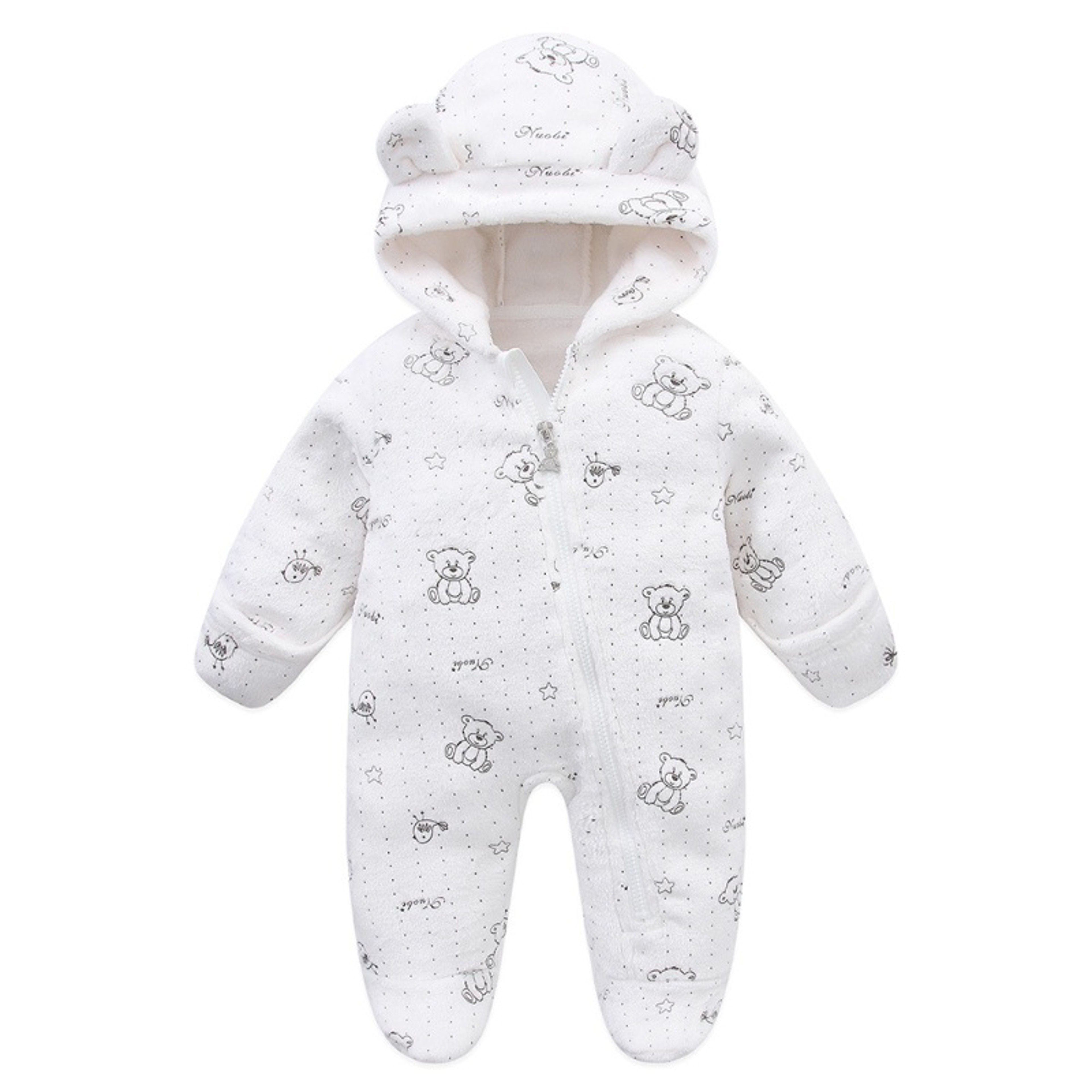 Autumn Winter Newborn Baby Footed Romper Warm Fleece Jumpsuit with Bear Ears Cute Star Cartoon Print One Piece Outfit – view 7