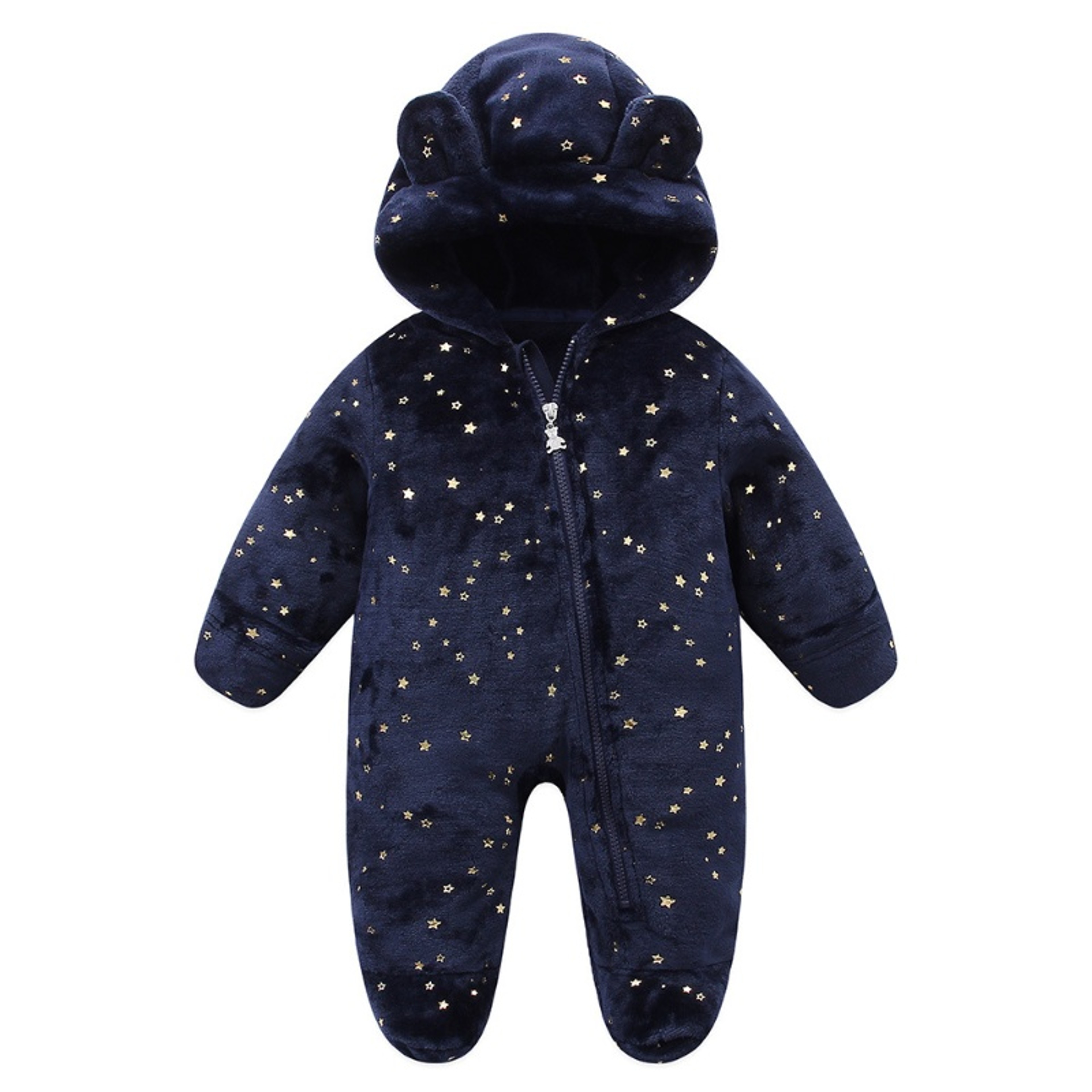 Autumn Winter Newborn Baby Footed Romper Warm Fleece Jumpsuit with Bear Ears Cute Star Cartoon Print One Piece Outfit – view 8