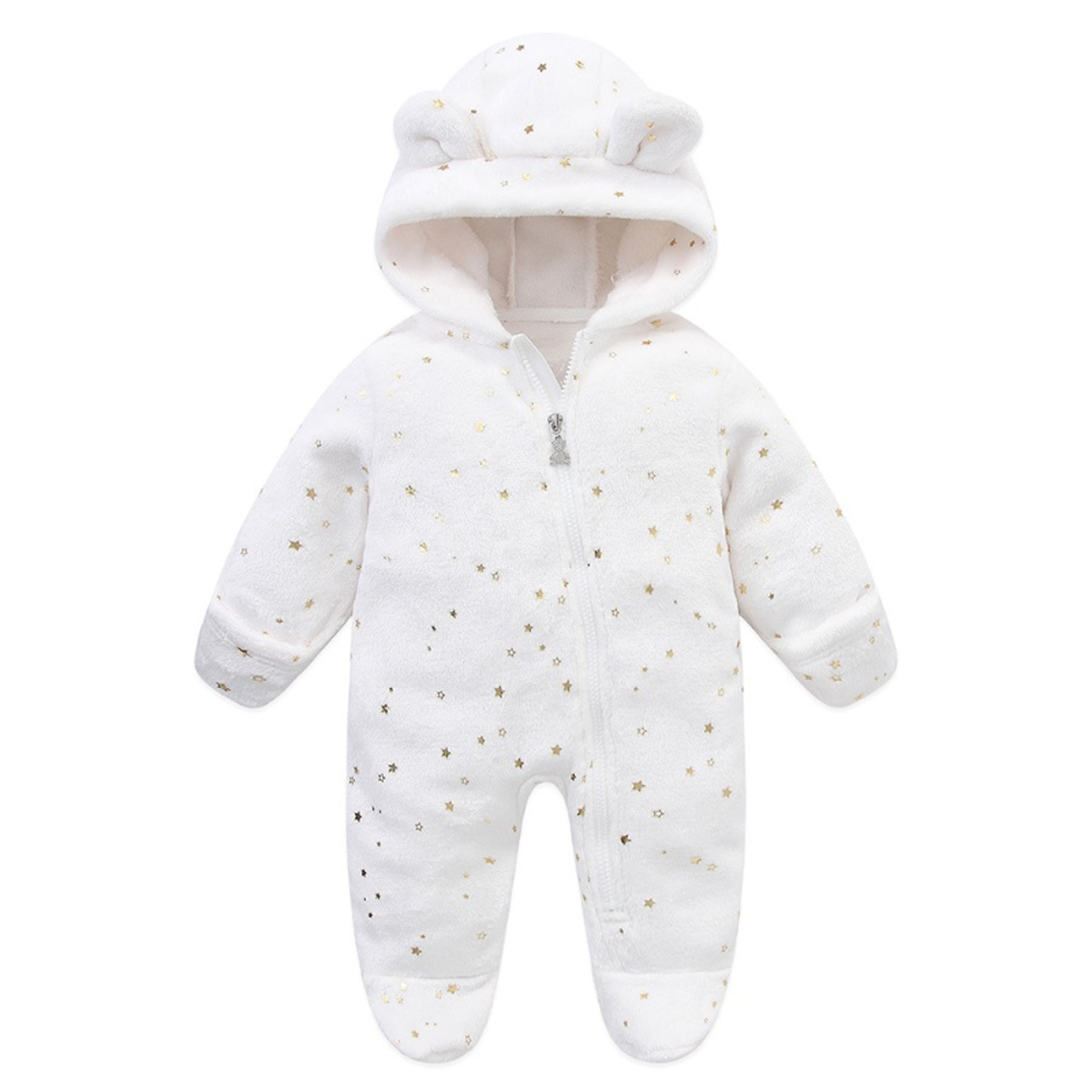 Autumn Winter Newborn Baby Footed Romper Warm Fleece Jumpsuit with Bear Ears Cute Star Cartoon Print One Piece Outfit – view 12