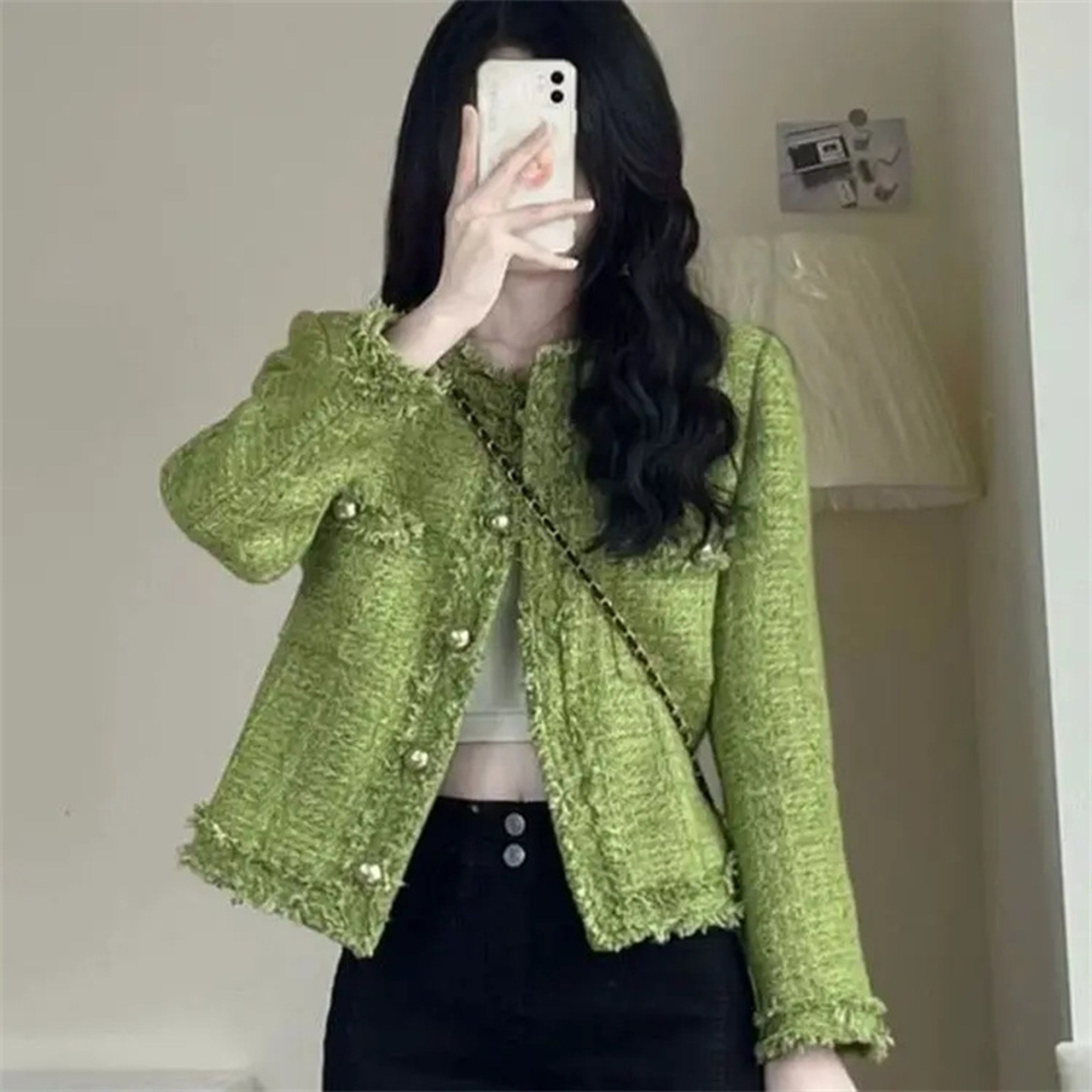 New Autumn Winter Korean Single Breasted Short Tweed Coat Women Long Sleeve Vintage Green Jackets Female Outerwear – view 7