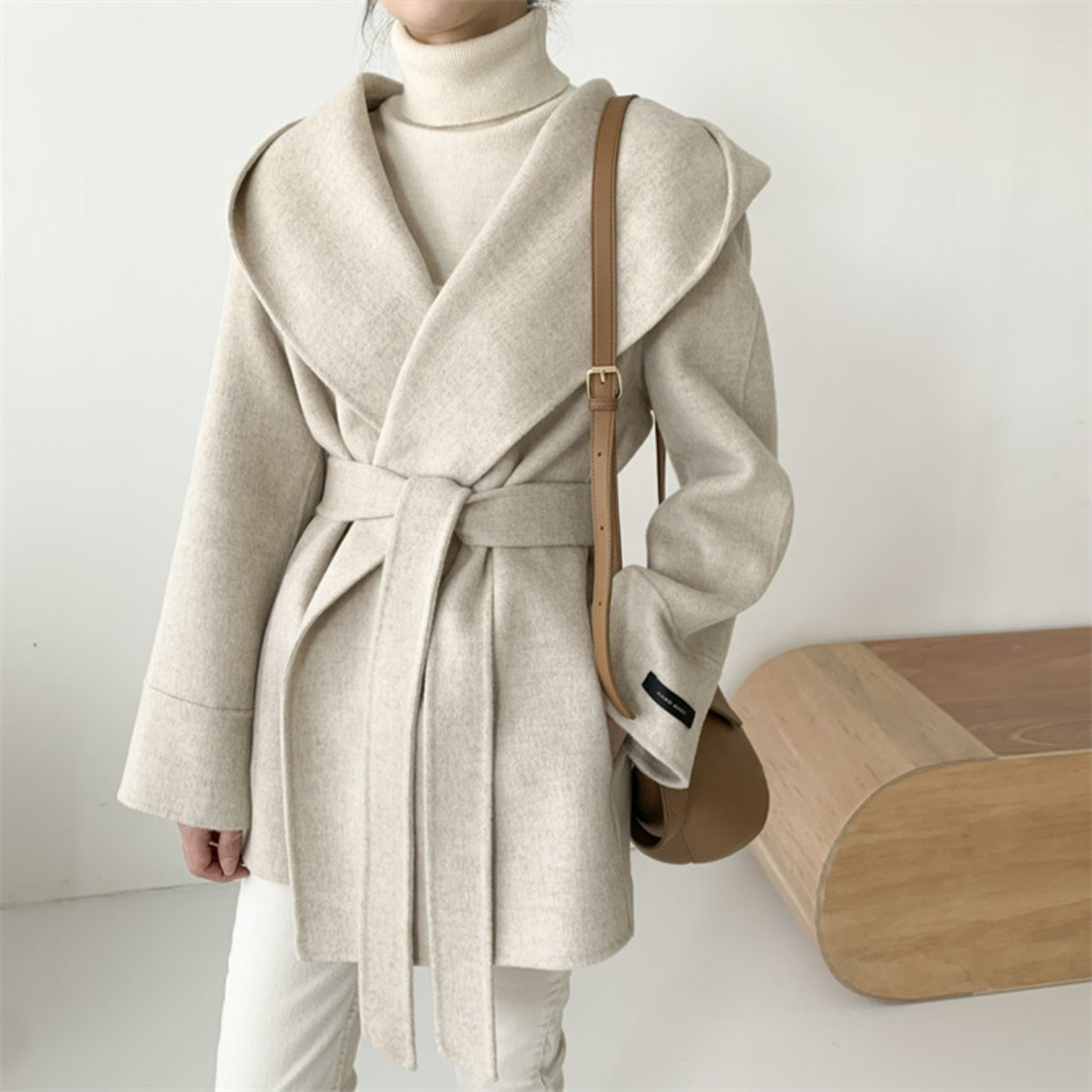 Elegant Solid Color Hooded Jacket Ladies, Lace Up Woolen Jacket Outerwear Vintage Style Woolen Coat Women Autumn Winter – view 7