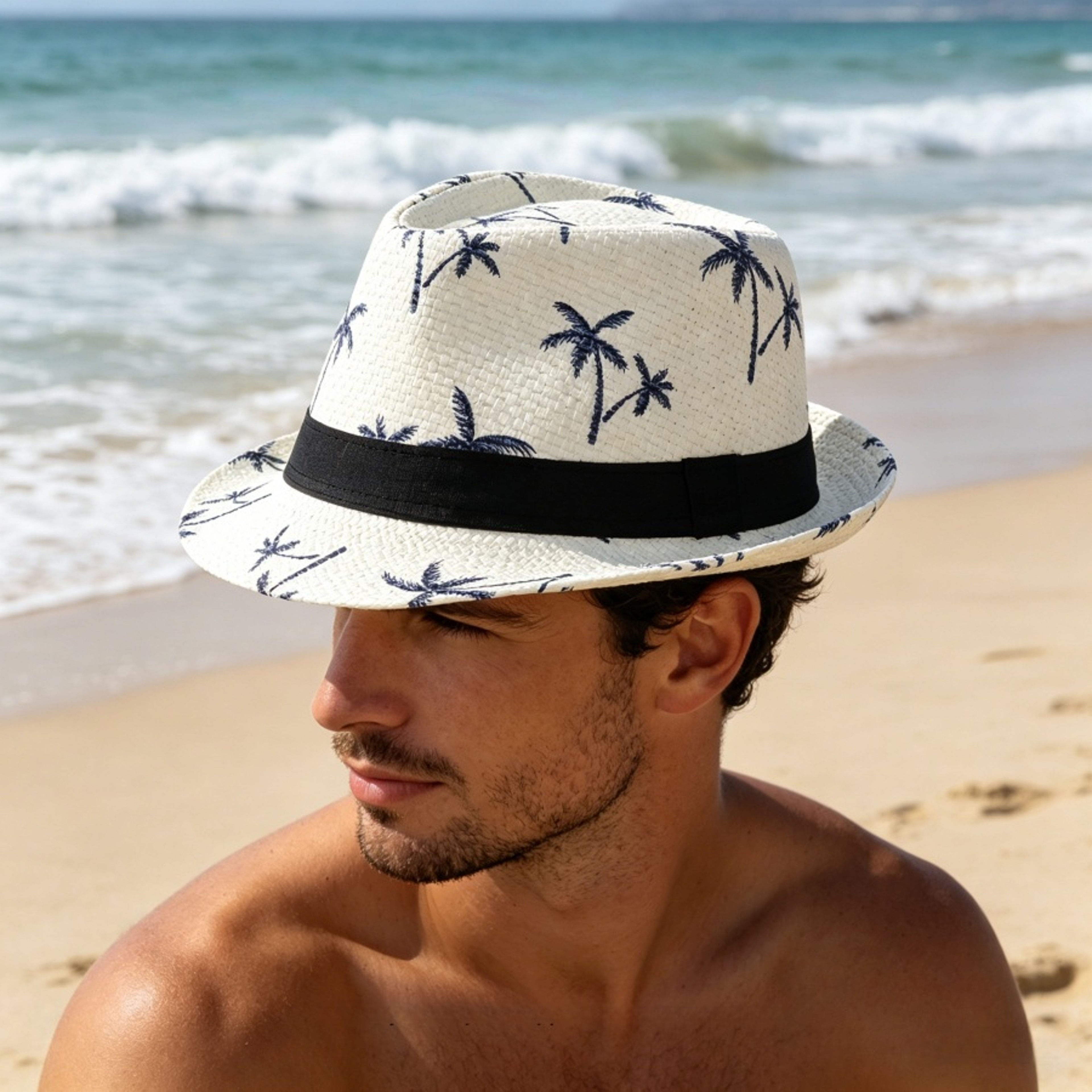 Coconut Tree Print Straw Jazz Hat For Men 0