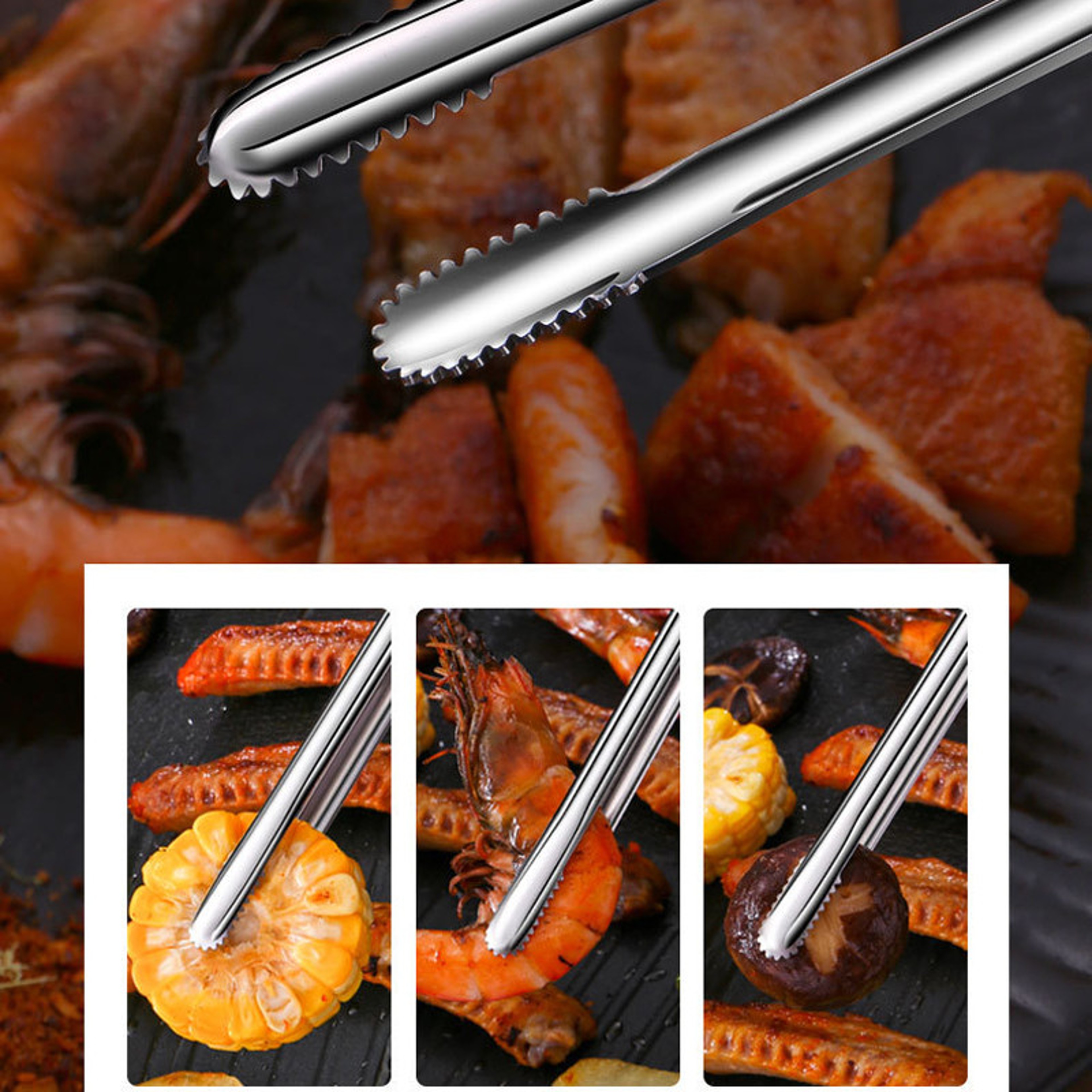 Stainless Steel BBQ Tongs Non Slip Cooking Utensils For Grill Steak And More 4