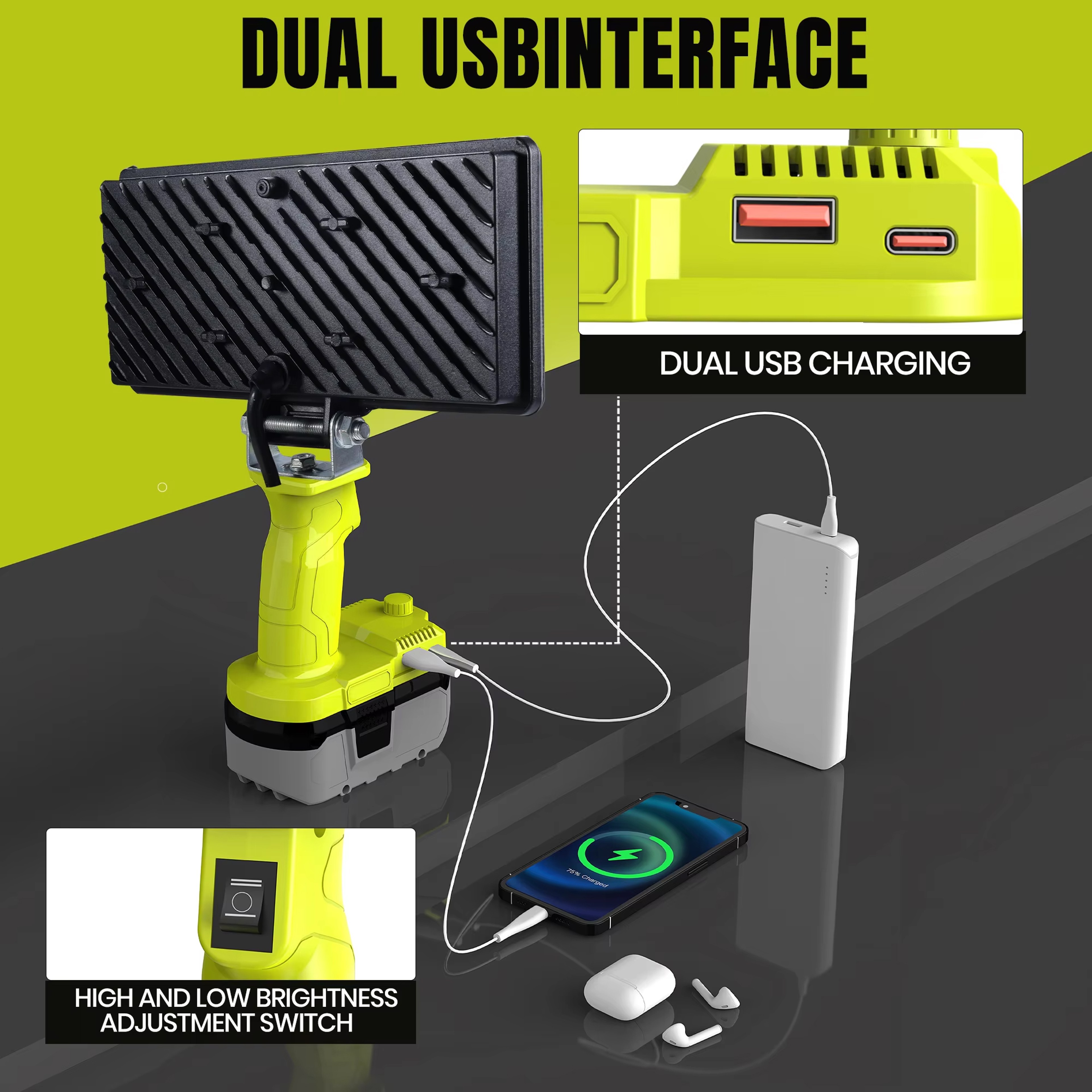 Portable Outdoor LED Work Light  USB Power Bank For Ryobi Batteries 4