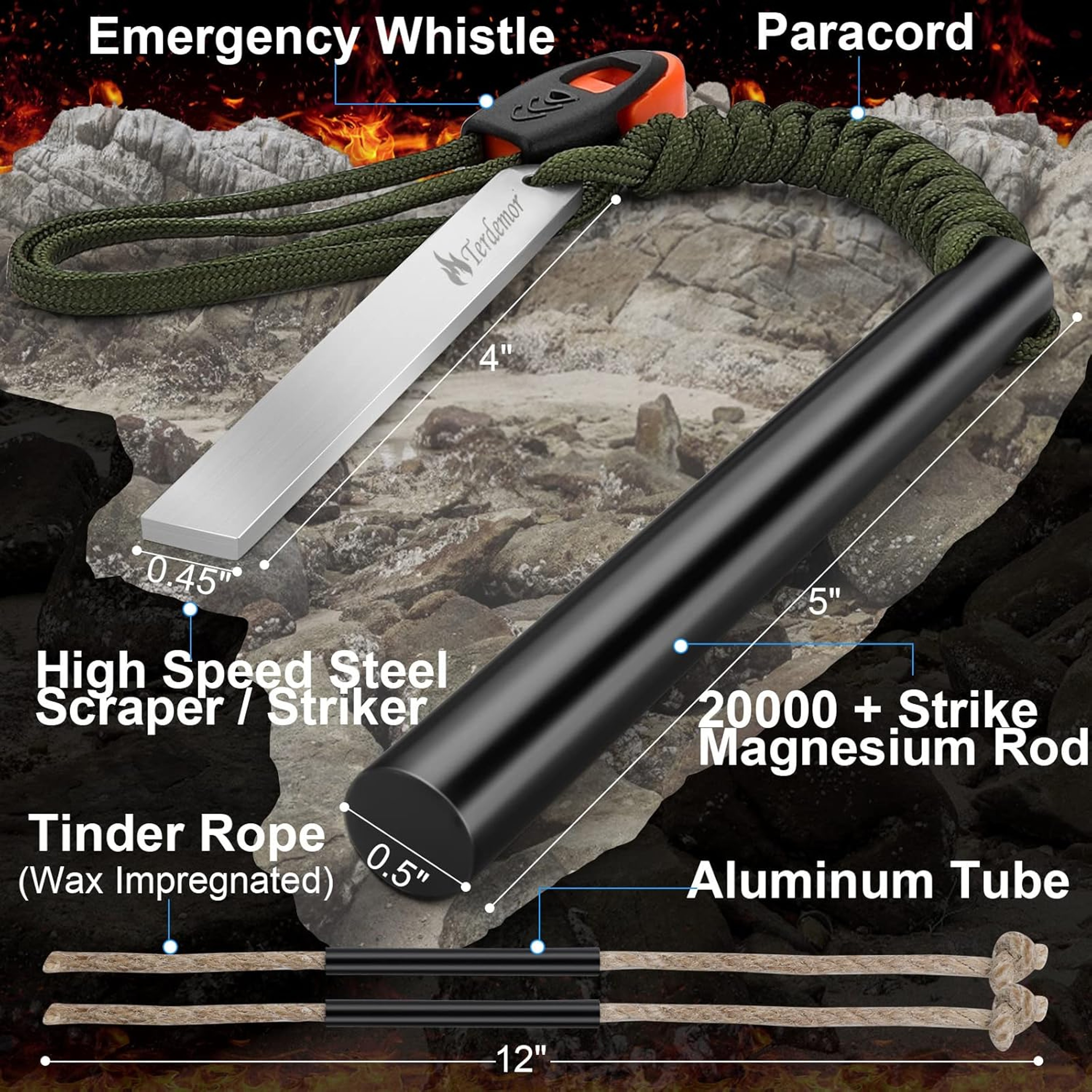 Ferro Rod Camping Fire Starter Ultimate Survival Fire Starter Kit With Waxed Tinder Cord  Paracord 1