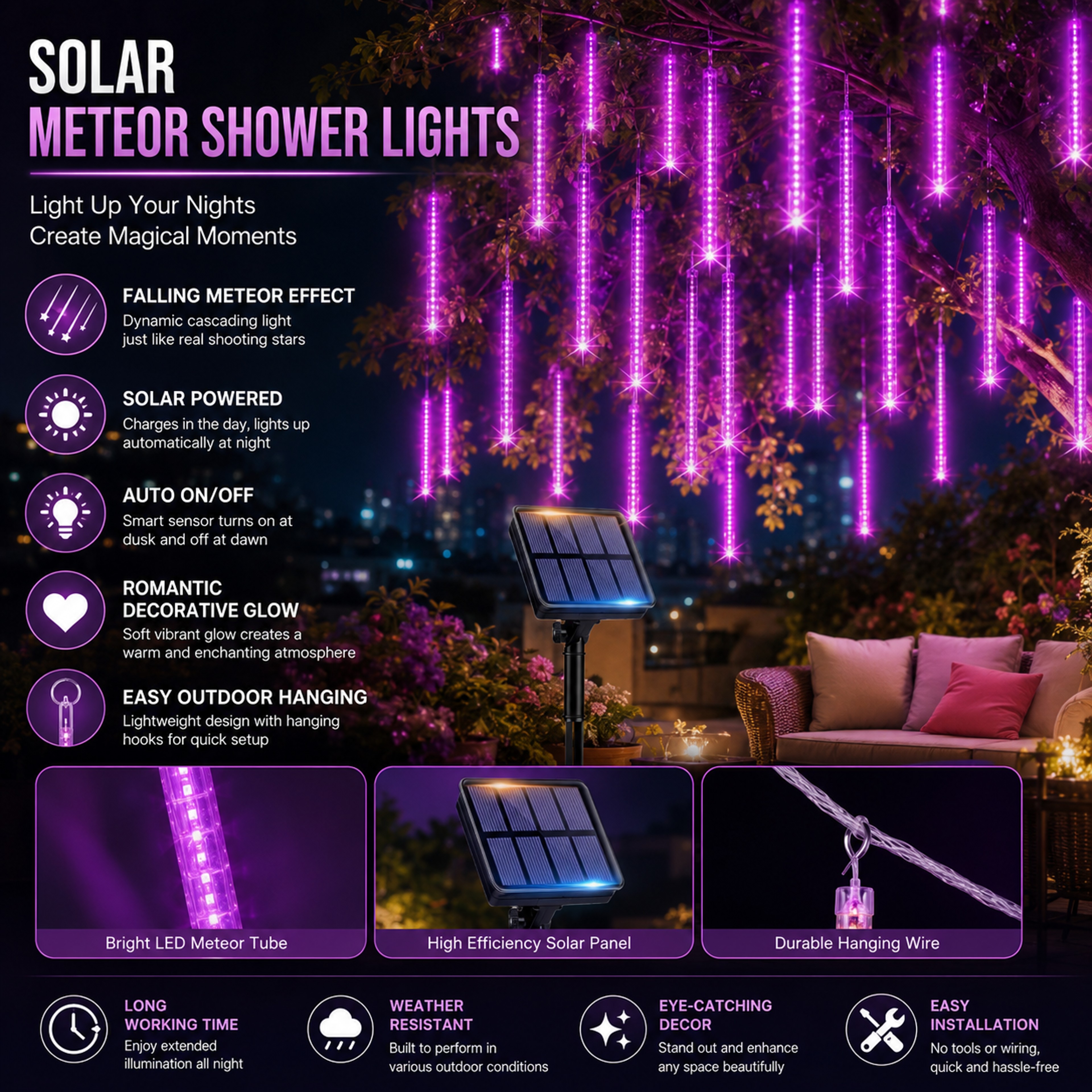 Solar Powered Meteor Shower Lights 200 LED Outdoor Christmas Lights For Garden Patio And Trees 4